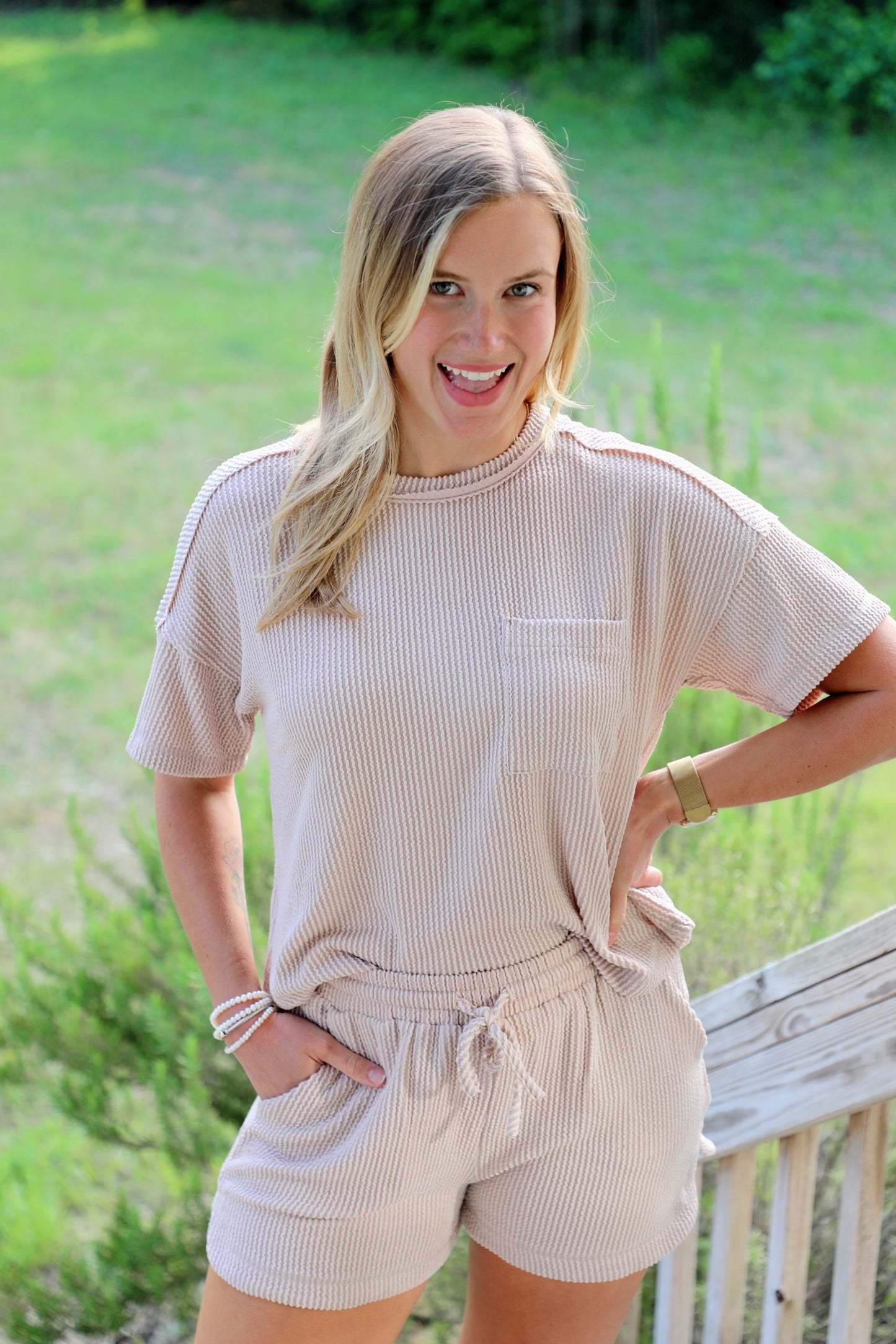 Beige Ribbed Lounge Set