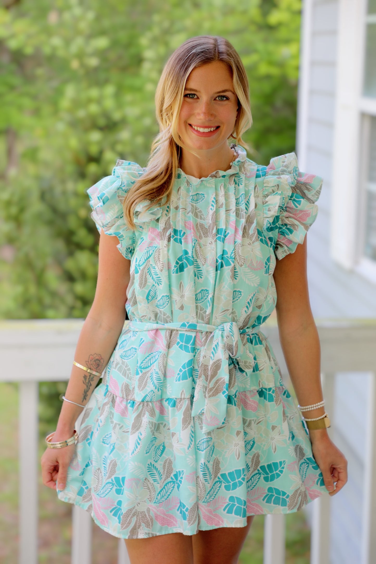 Flutter Sleeve Mini Dress with Waist Tie