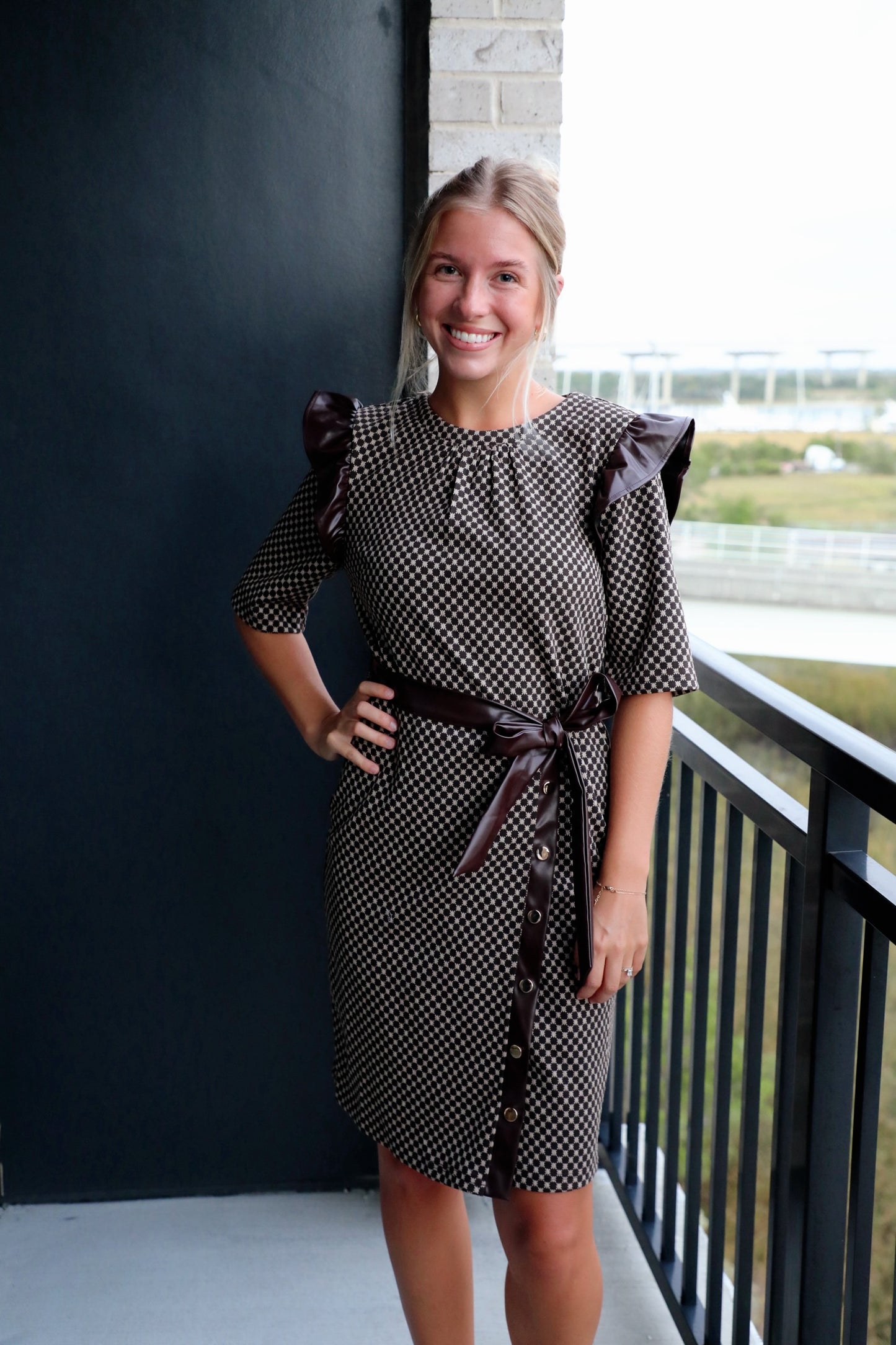 Faux Leather Trim Dress Polka Dot Wrap Dress