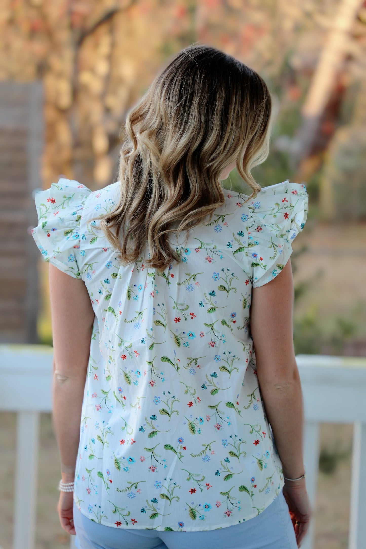 Floral Top With Ruffle Sleeves and Lace and Ribbon Details
