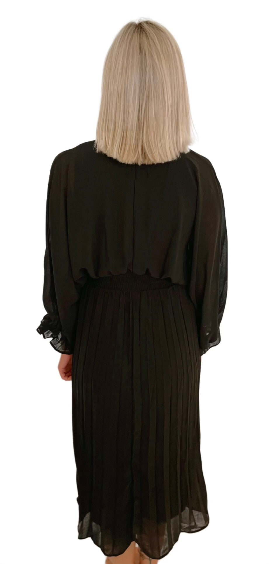 Batwing Sleeve Pleated Woven Midi Dress