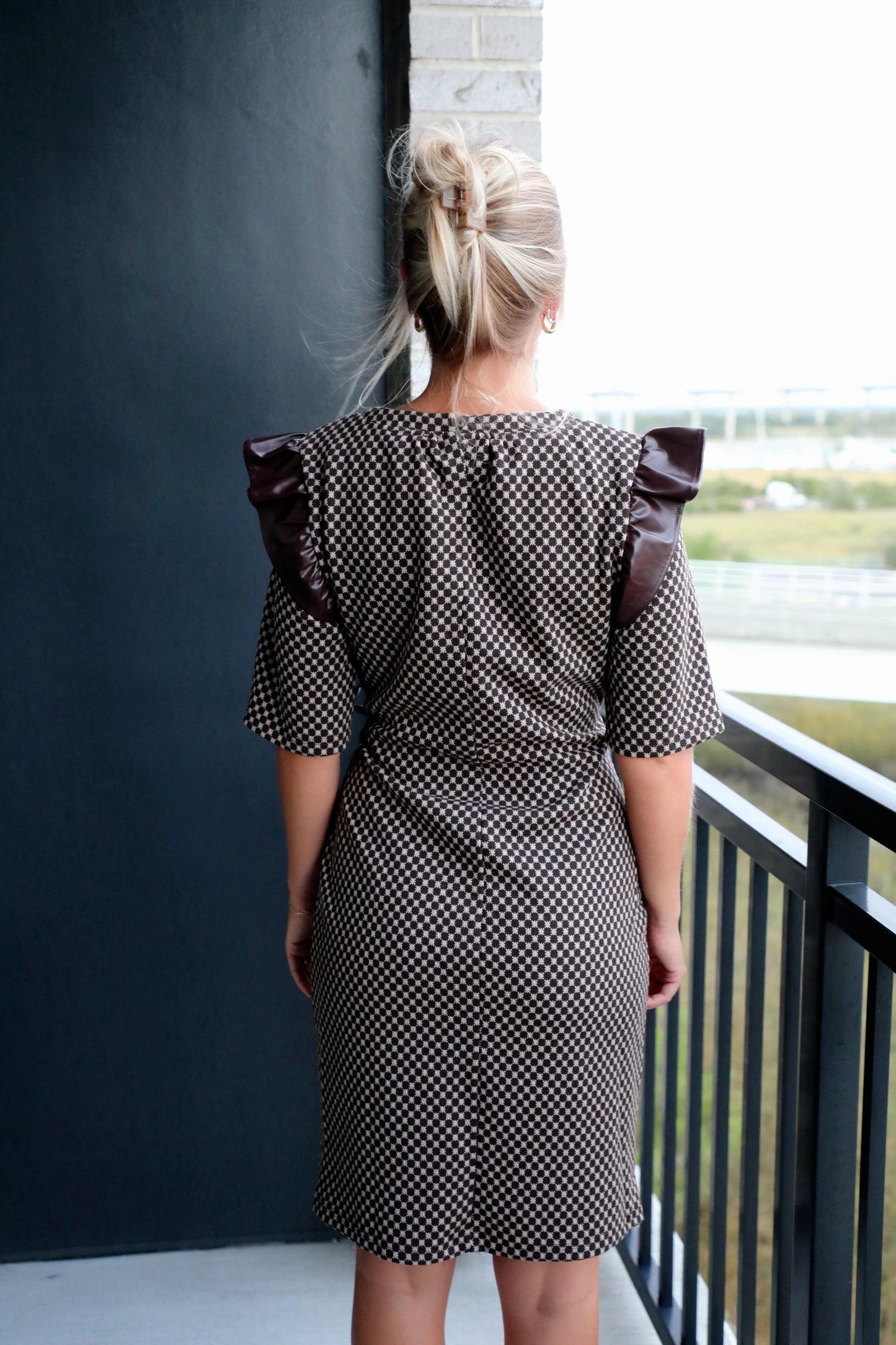 Faux Leather Trim Dress Polka Dot Wrap Dress