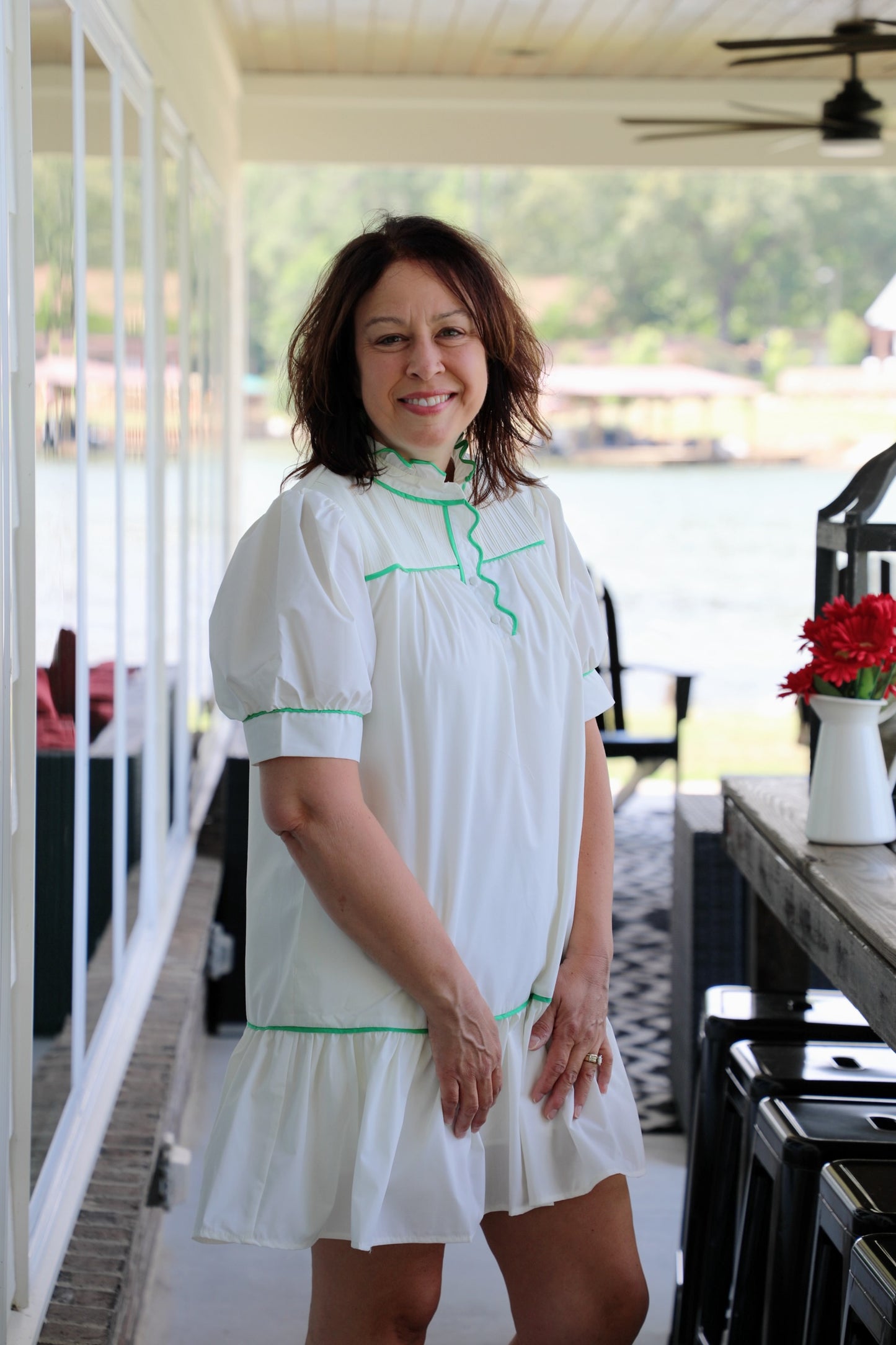 Solid Short Sleeve High Neck Mini Dress Featuring Font Button Up Detail