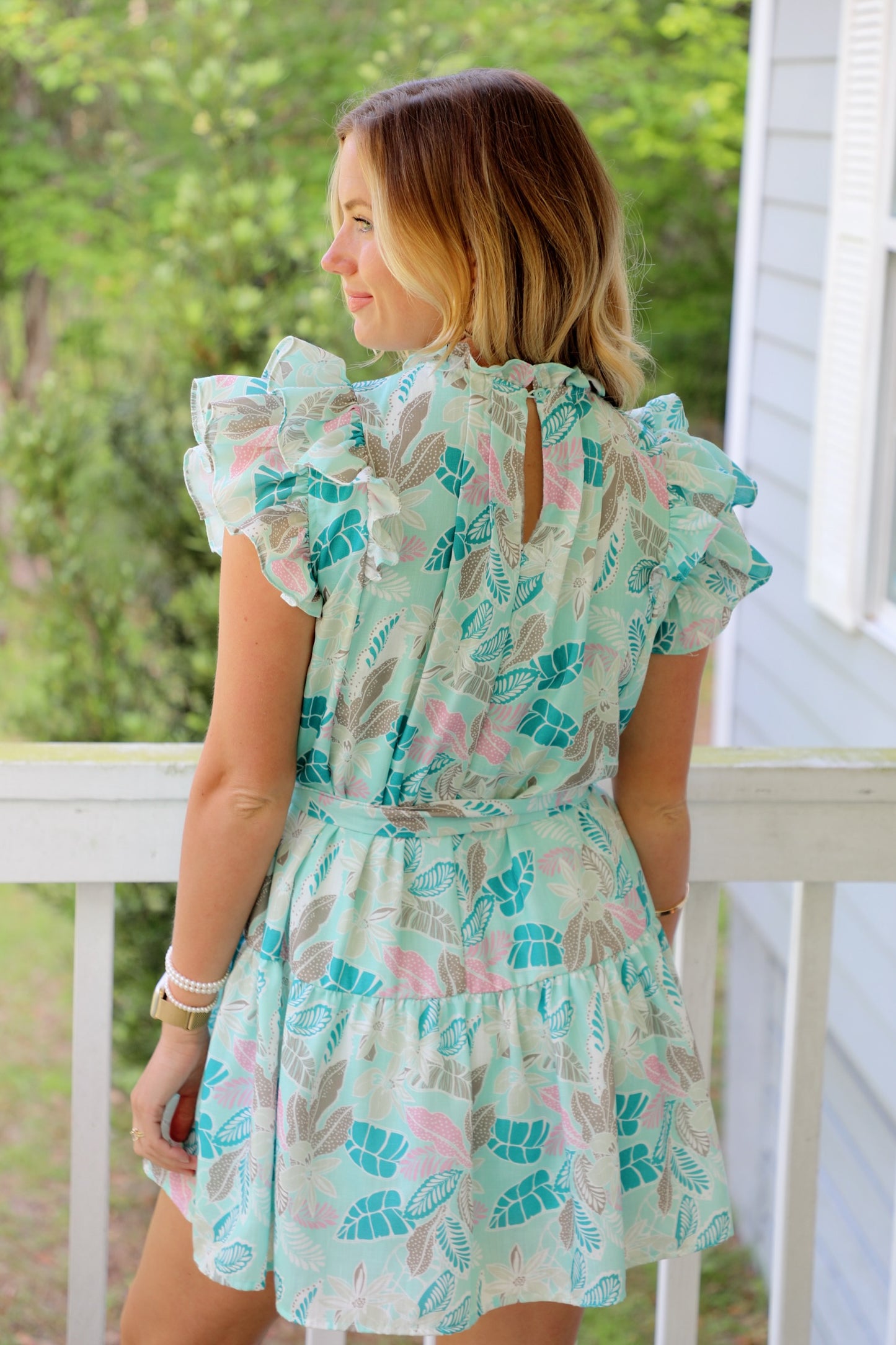 Flutter Sleeve Mini Dress with Waist Tie
