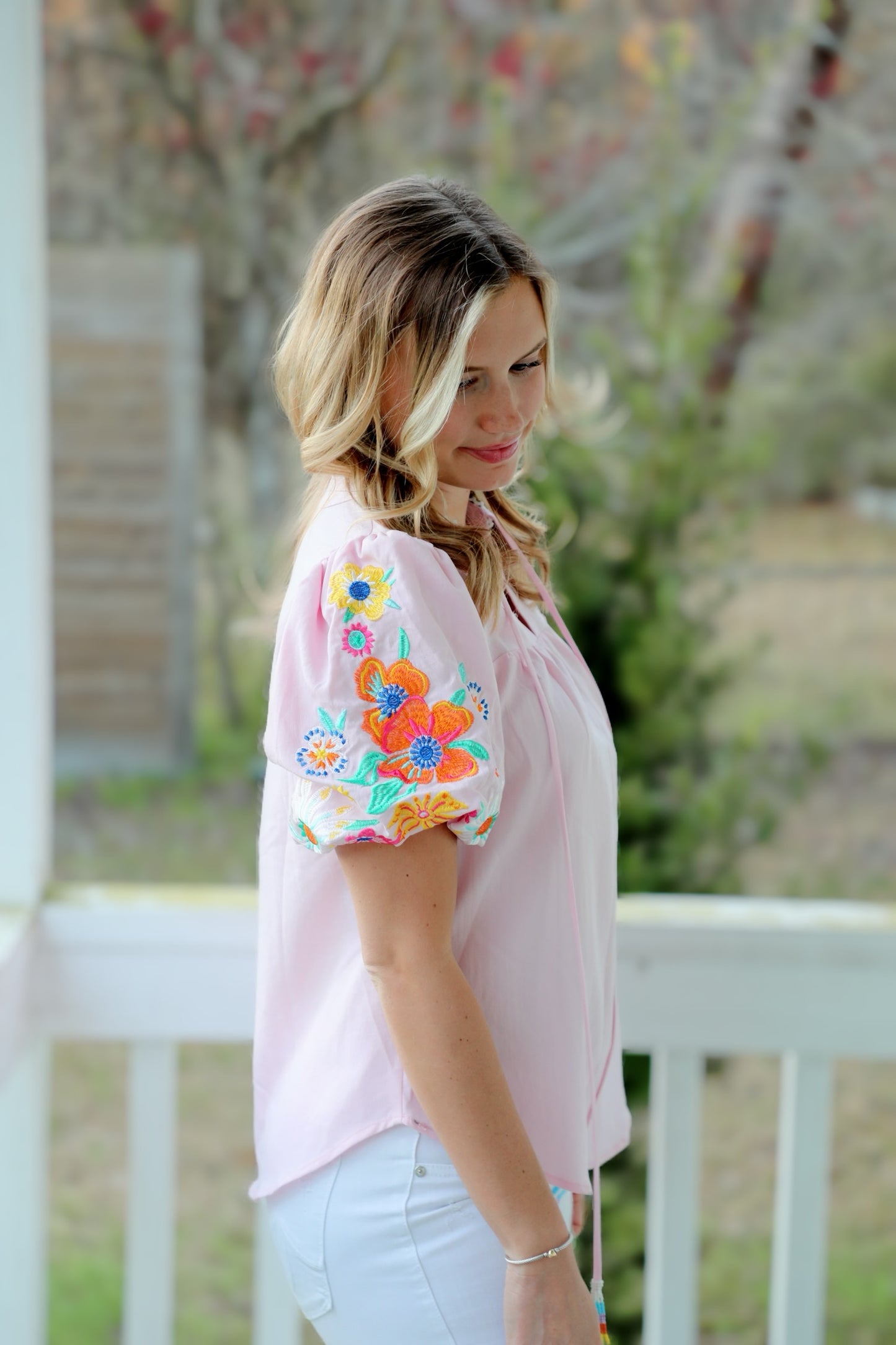Boho-chic Embroidered Floral Puff Sleeve Blouse Featuring Beaded Tassel Ties