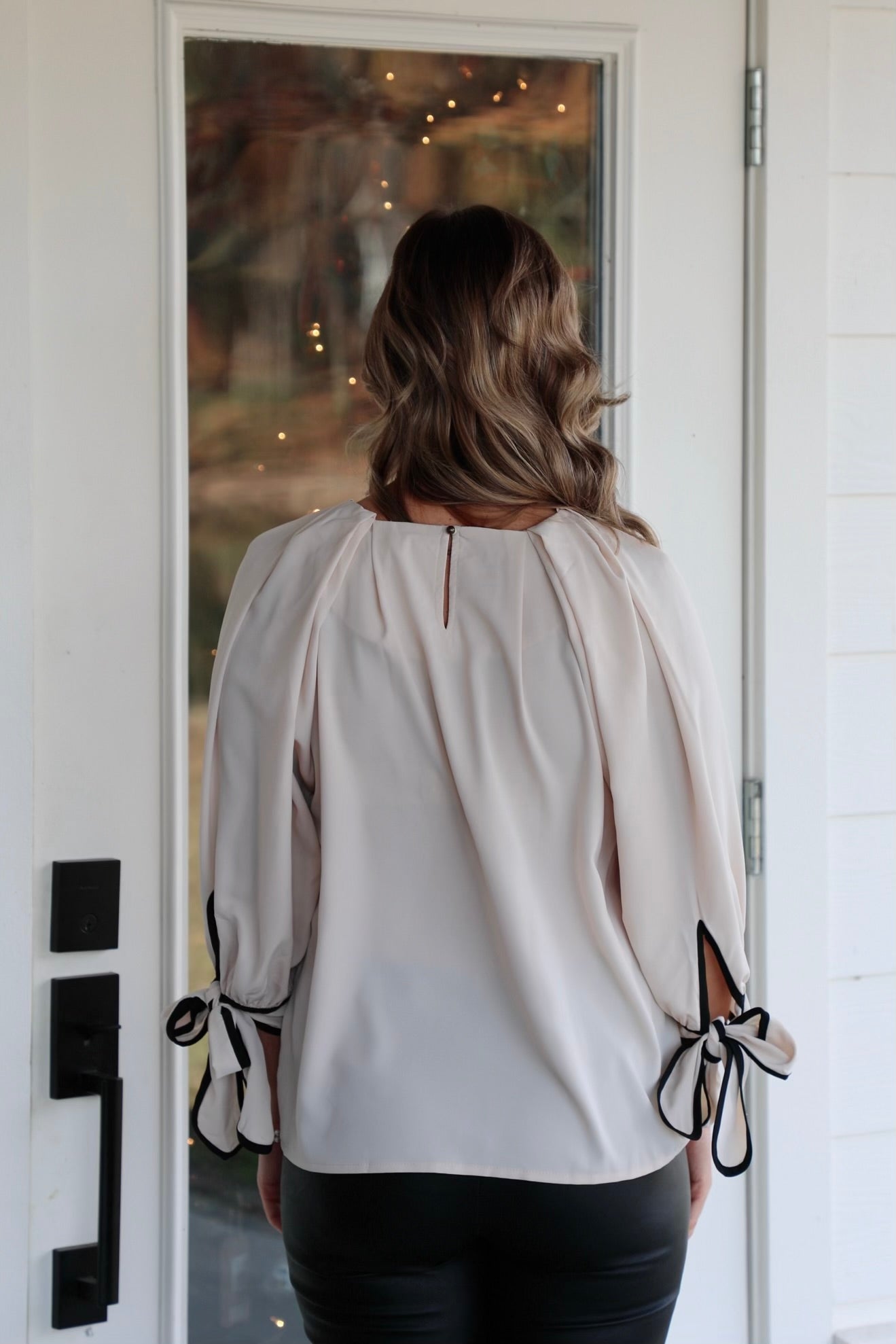 Blouson Top with Puff Sleeves and Ribbon Tie Cuffs