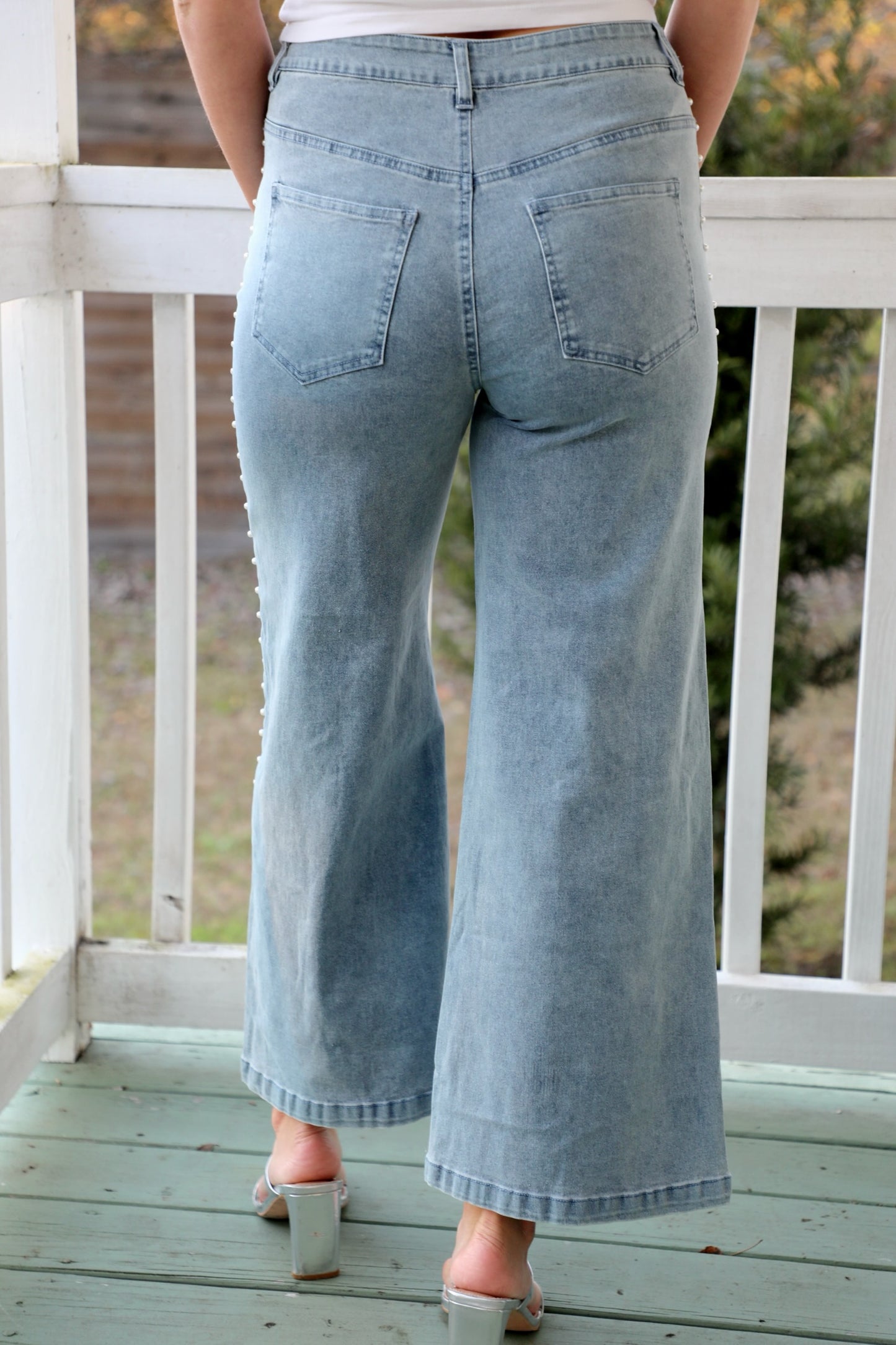 High Waisted Denim Jeans with Pearls