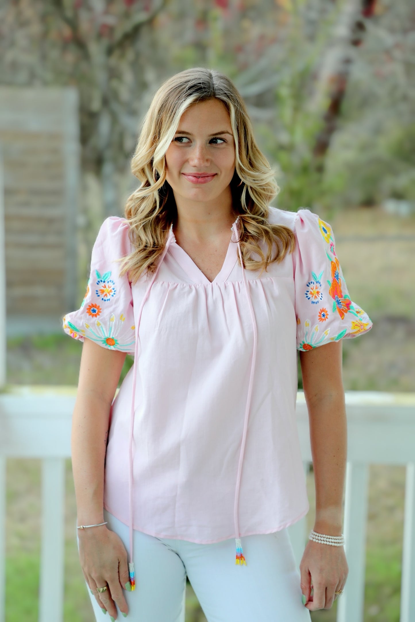 Boho-chic Embroidered Floral Puff Sleeve Blouse Featuring Beaded Tassel Ties