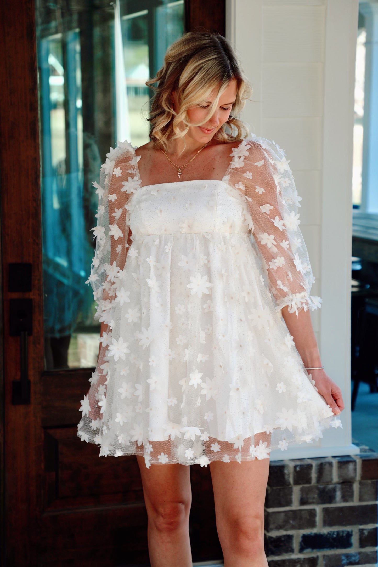 3d Daisy Gold Speckled Mesh Baby Doll Dress