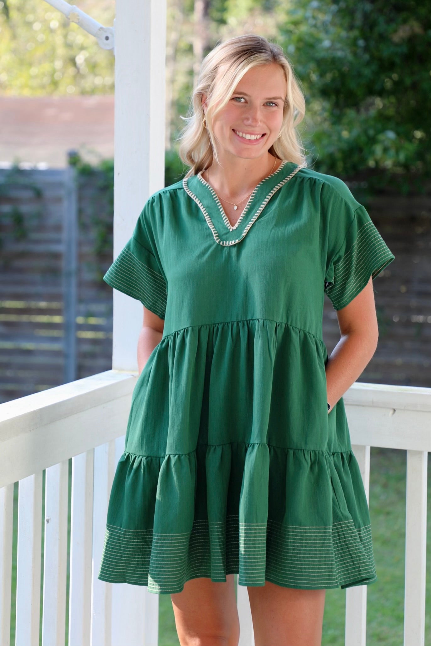 Green Tiered Dress With Tan Trim