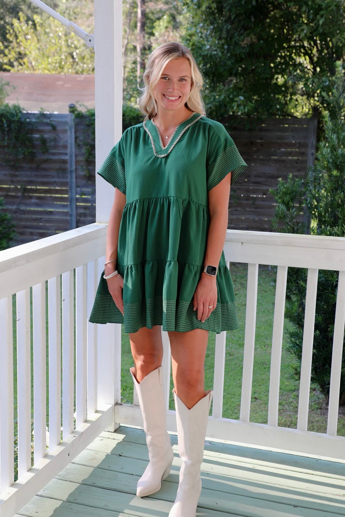Green Tiered Dress With Tan Trim