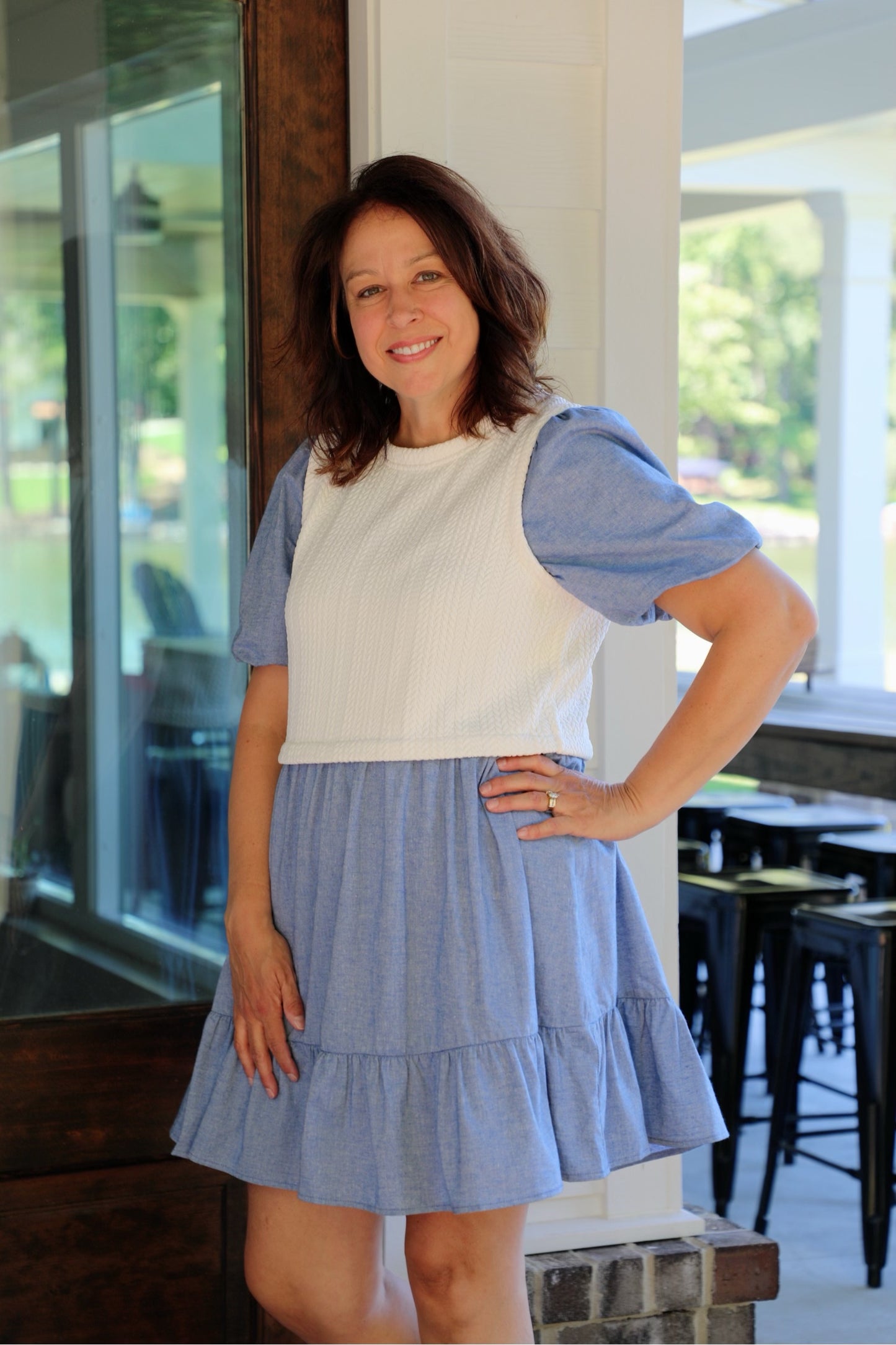 Puff Sleeve Patchwork Pleated Denim Dress