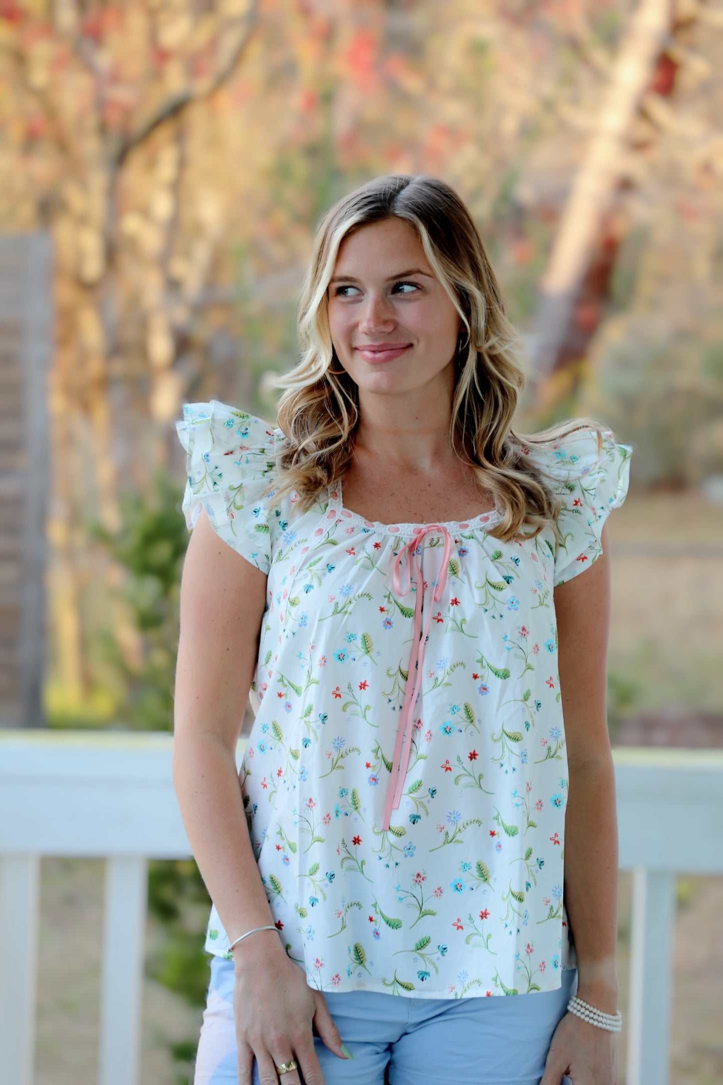 Floral Top With Ruffle Sleeves and Lace and Ribbon Details