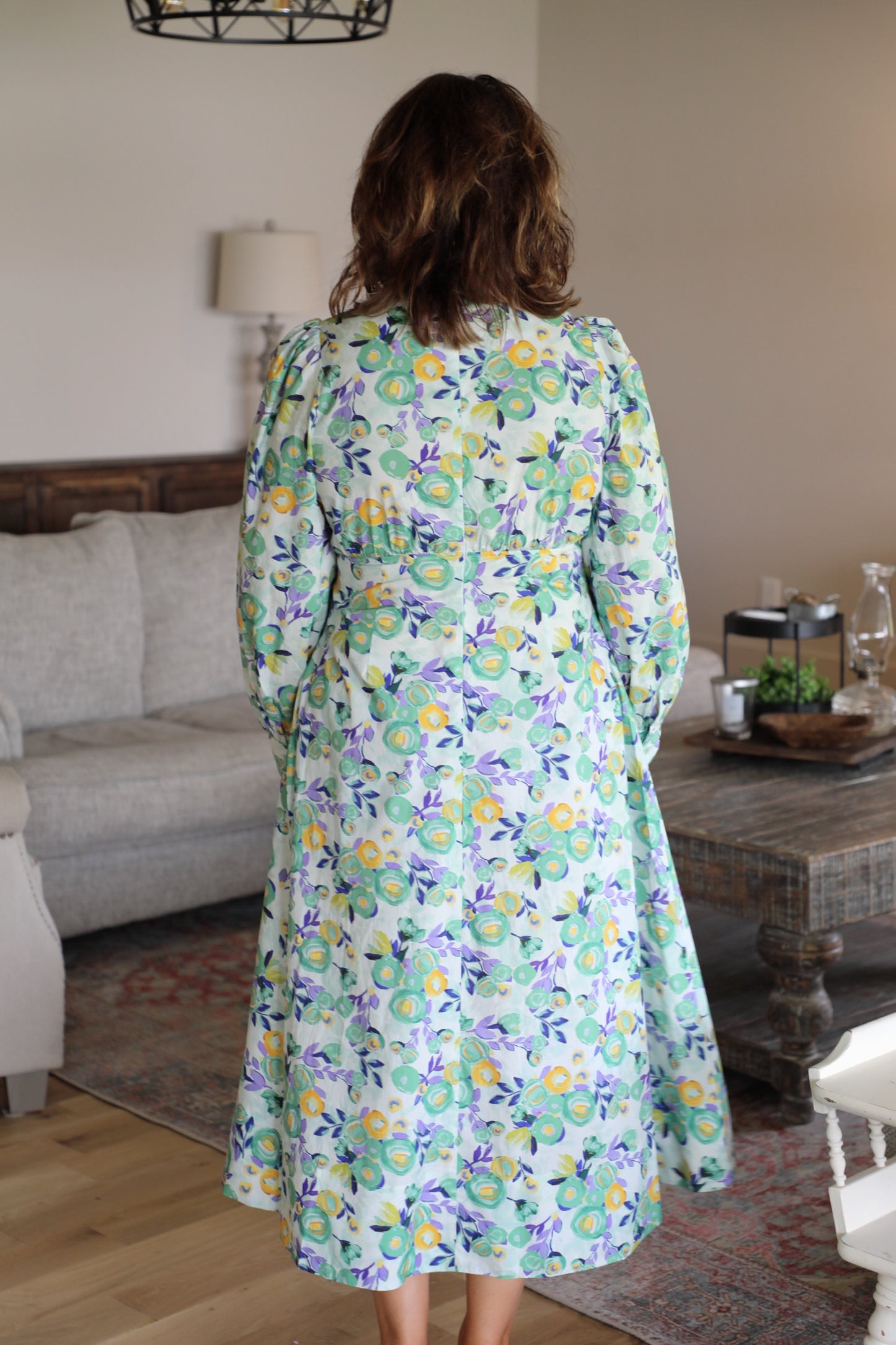 Cotton Floral Empire Waist A-Line Midi Dress
