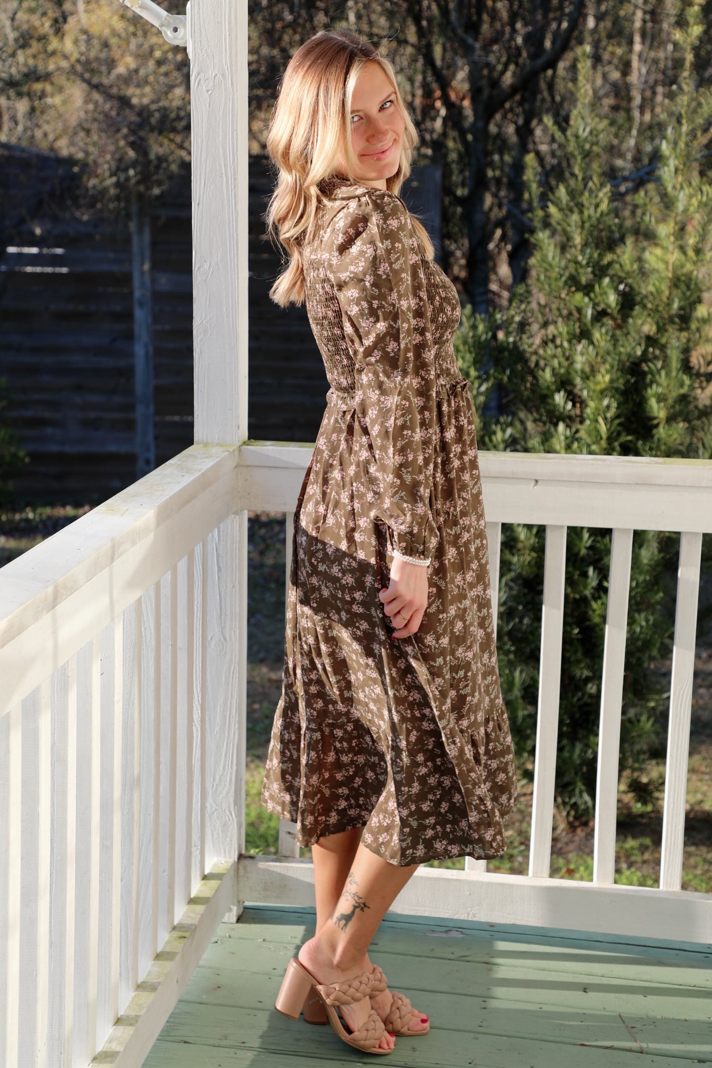 Mock Neck Floral Printed Midi Dress
