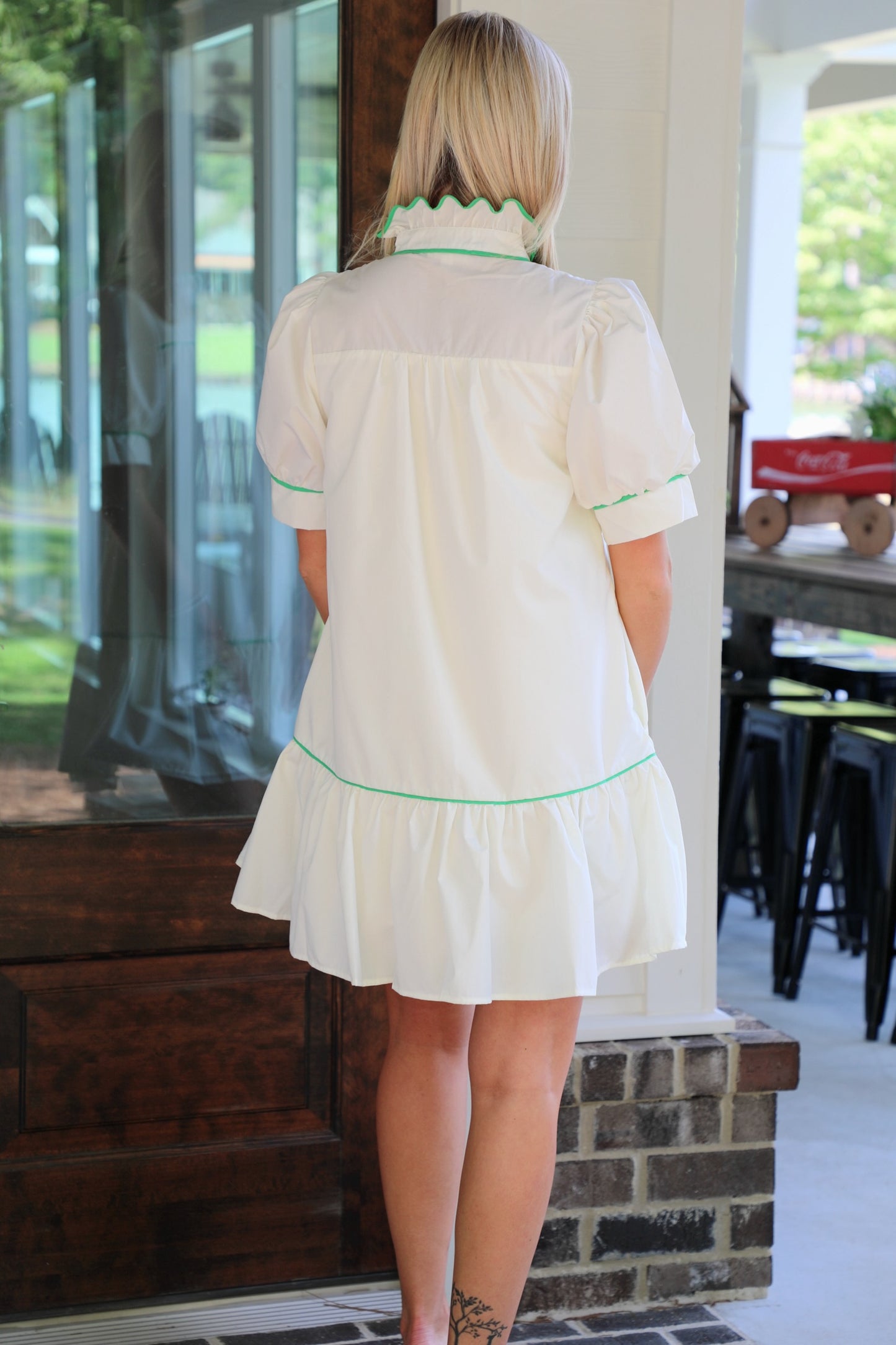 Solid Short Sleeve High Neck Mini Dress Featuring Font Button Up Detail