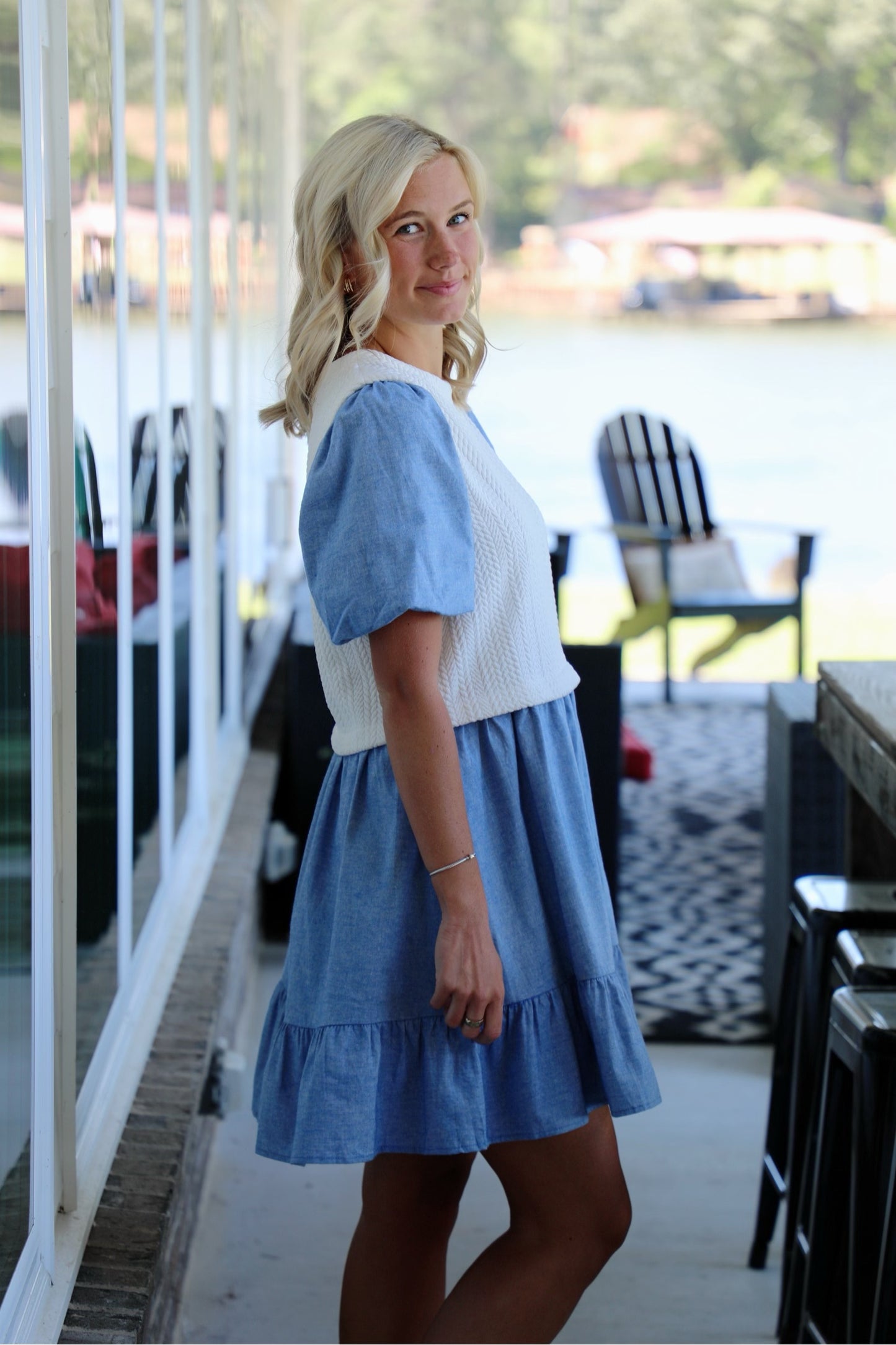 Puff Sleeve Patchwork Pleated Denim Dress