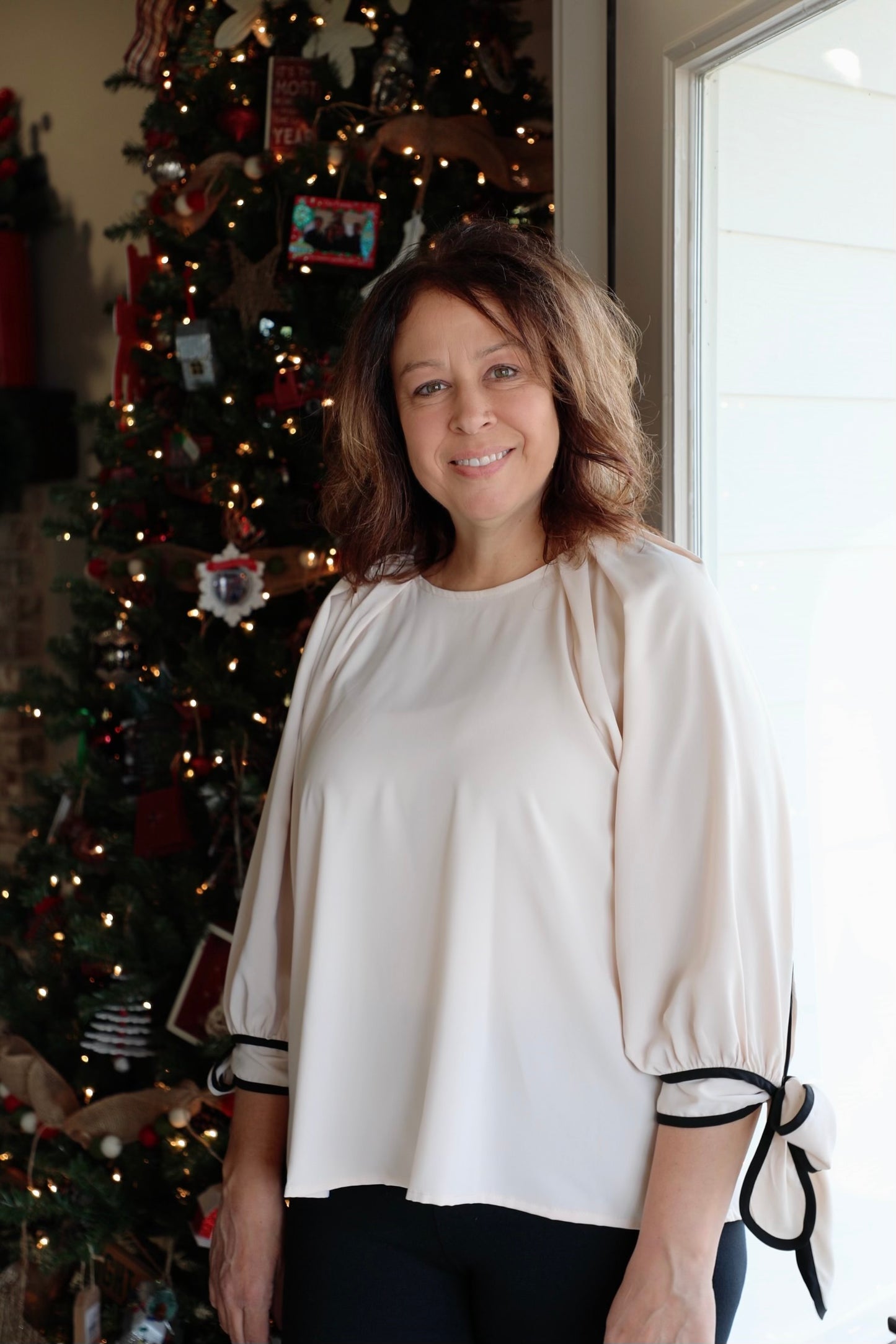 Blouson Top with Puff Sleeves and Ribbon Tie Cuffs