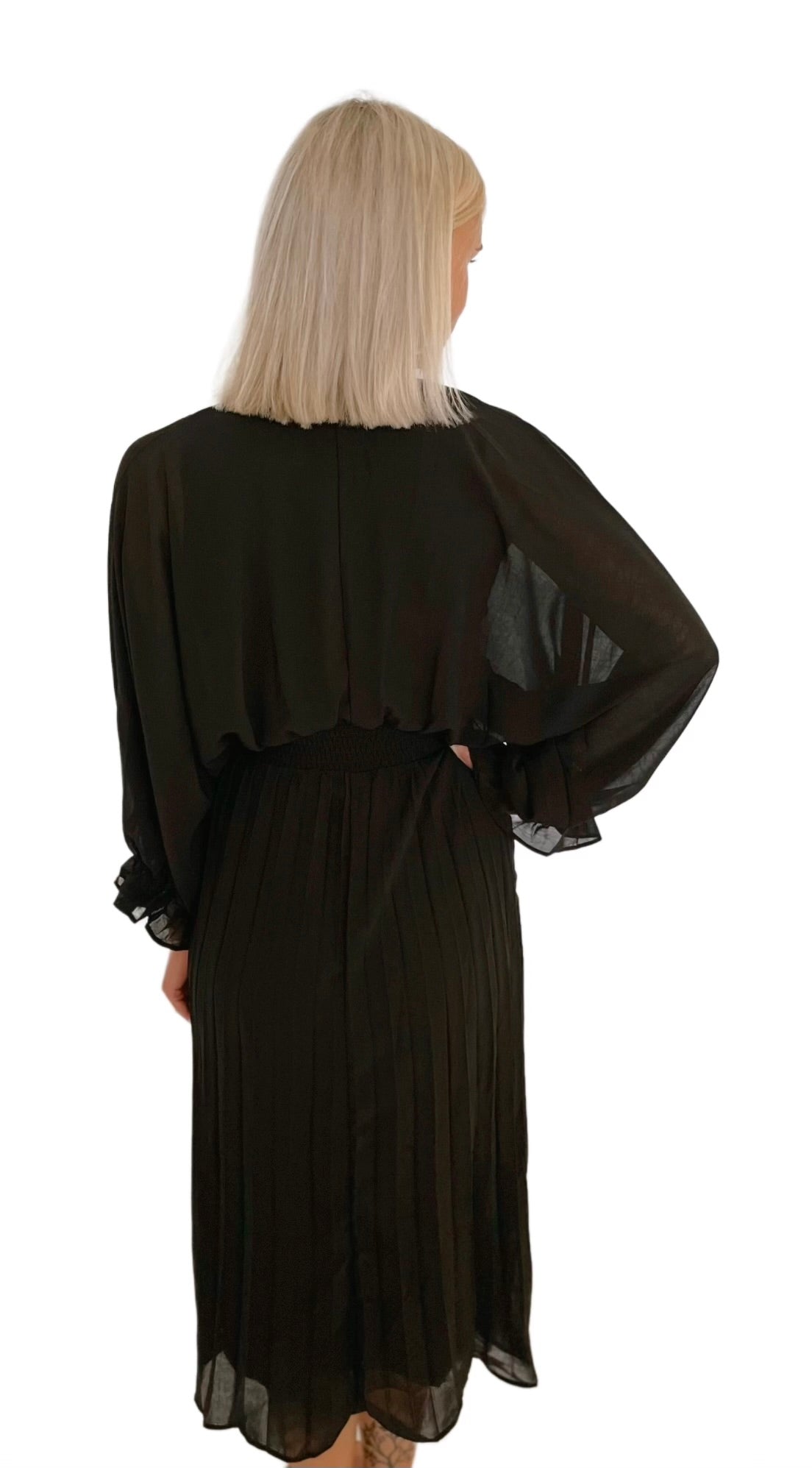 Batwing Sleeve Pleated Woven Midi Dress