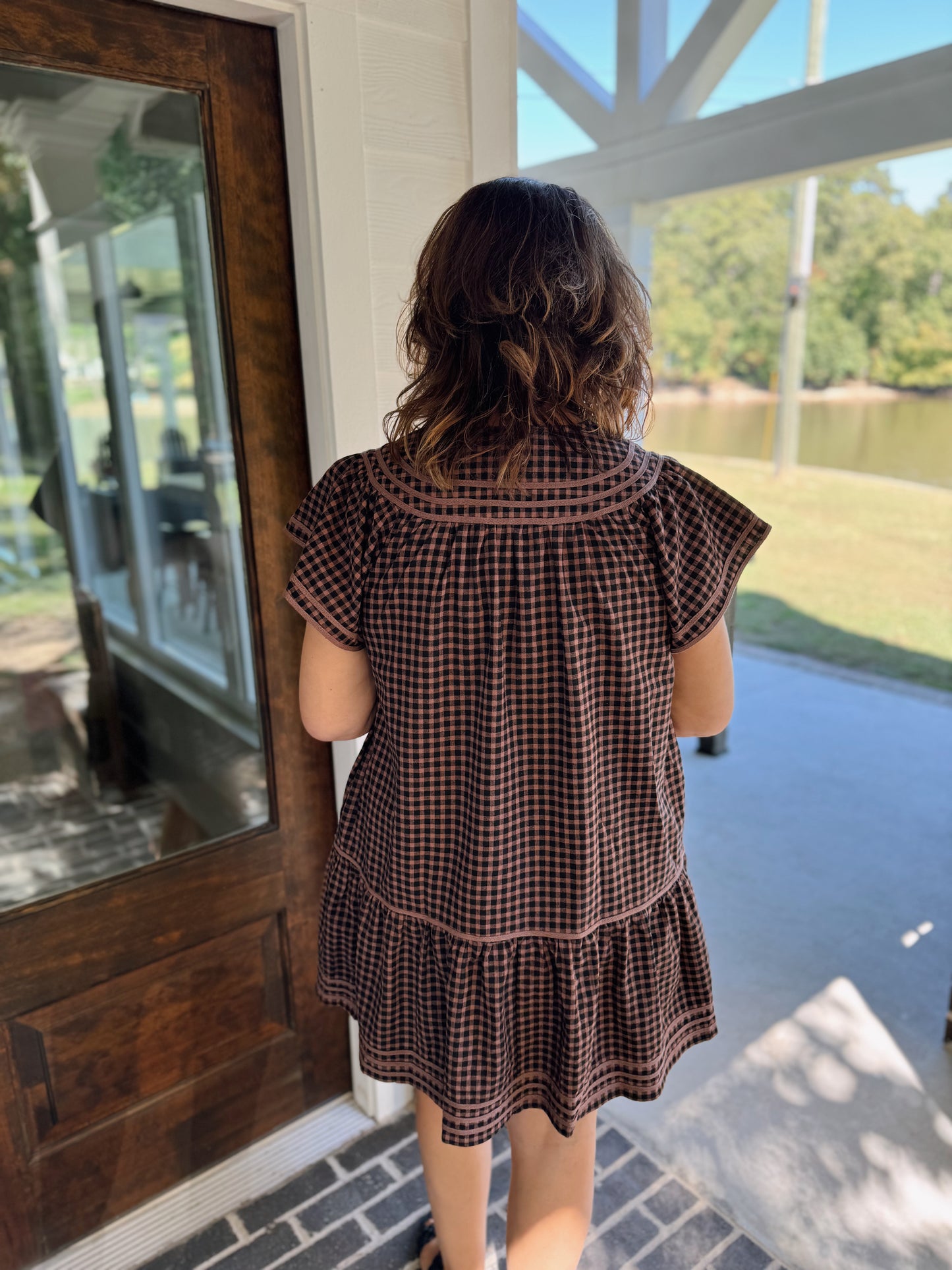 Trimmed Round V Neck Gingham Mini Dress