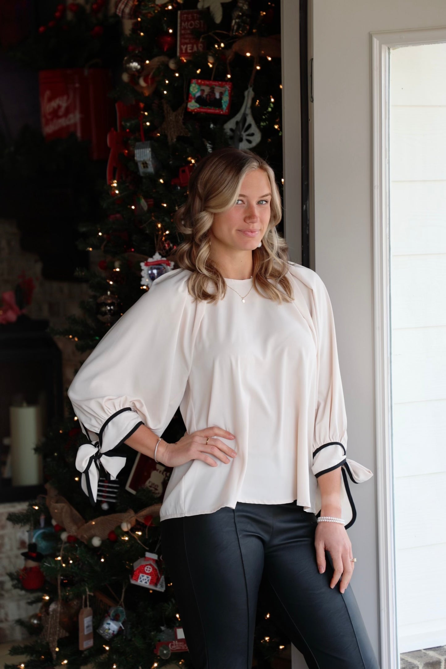 Blouson Top with Puff Sleeves and Ribbon Tie Cuffs