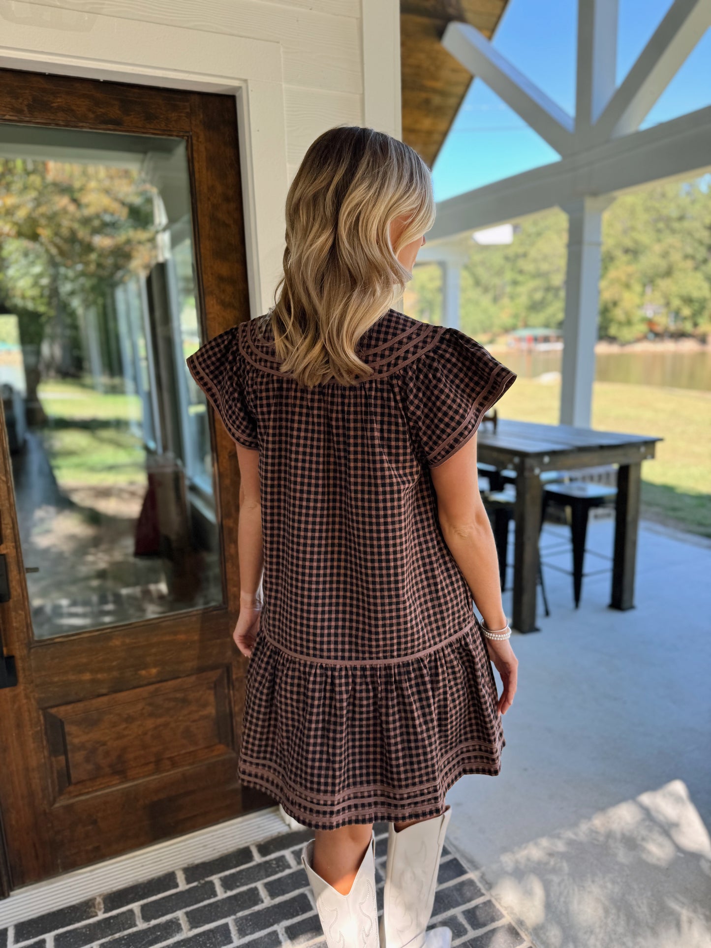 Trimmed Round V Neck Gingham Mini Dress