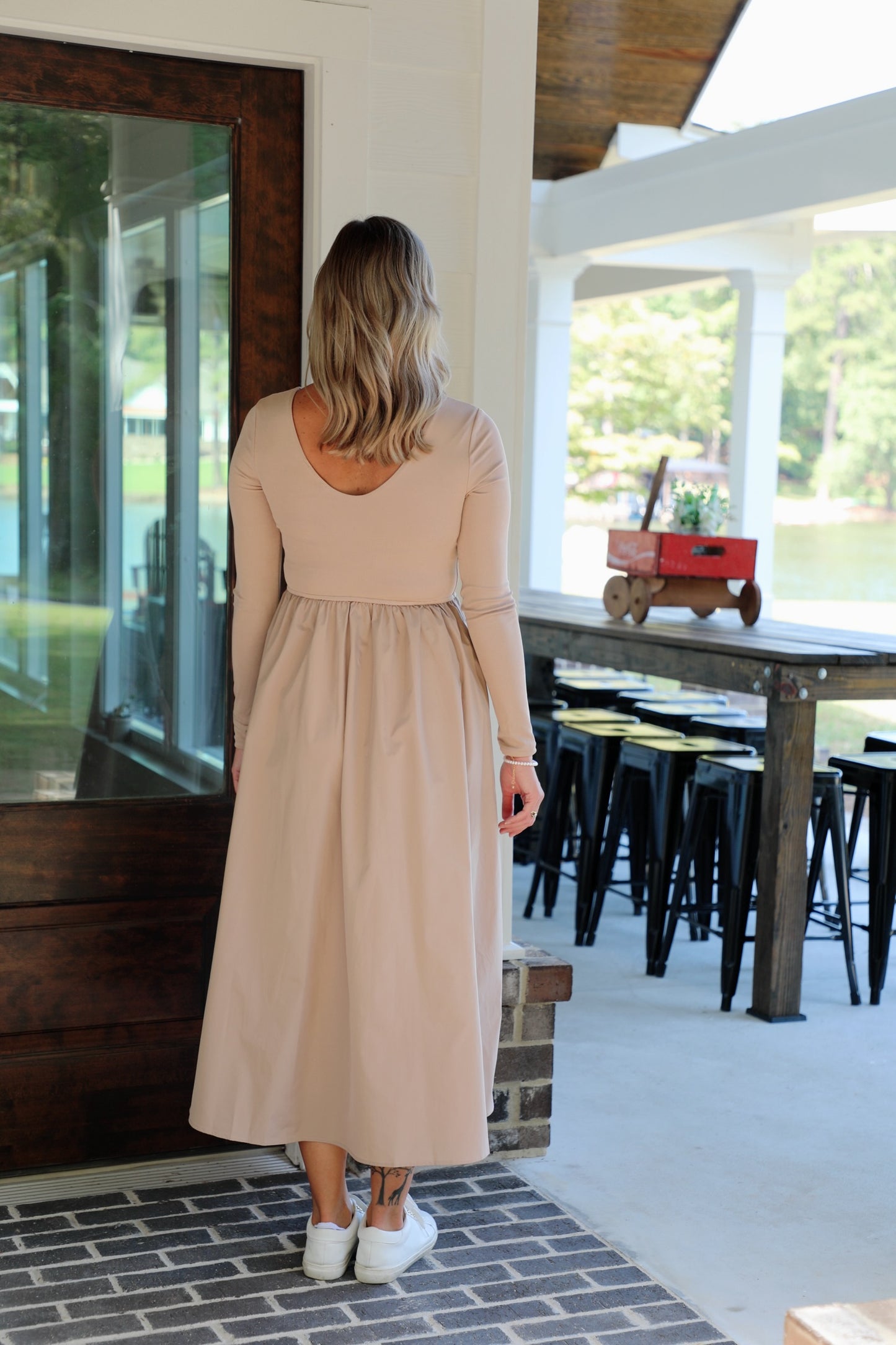 Knit and Satin Long Sleeve Midi Dress