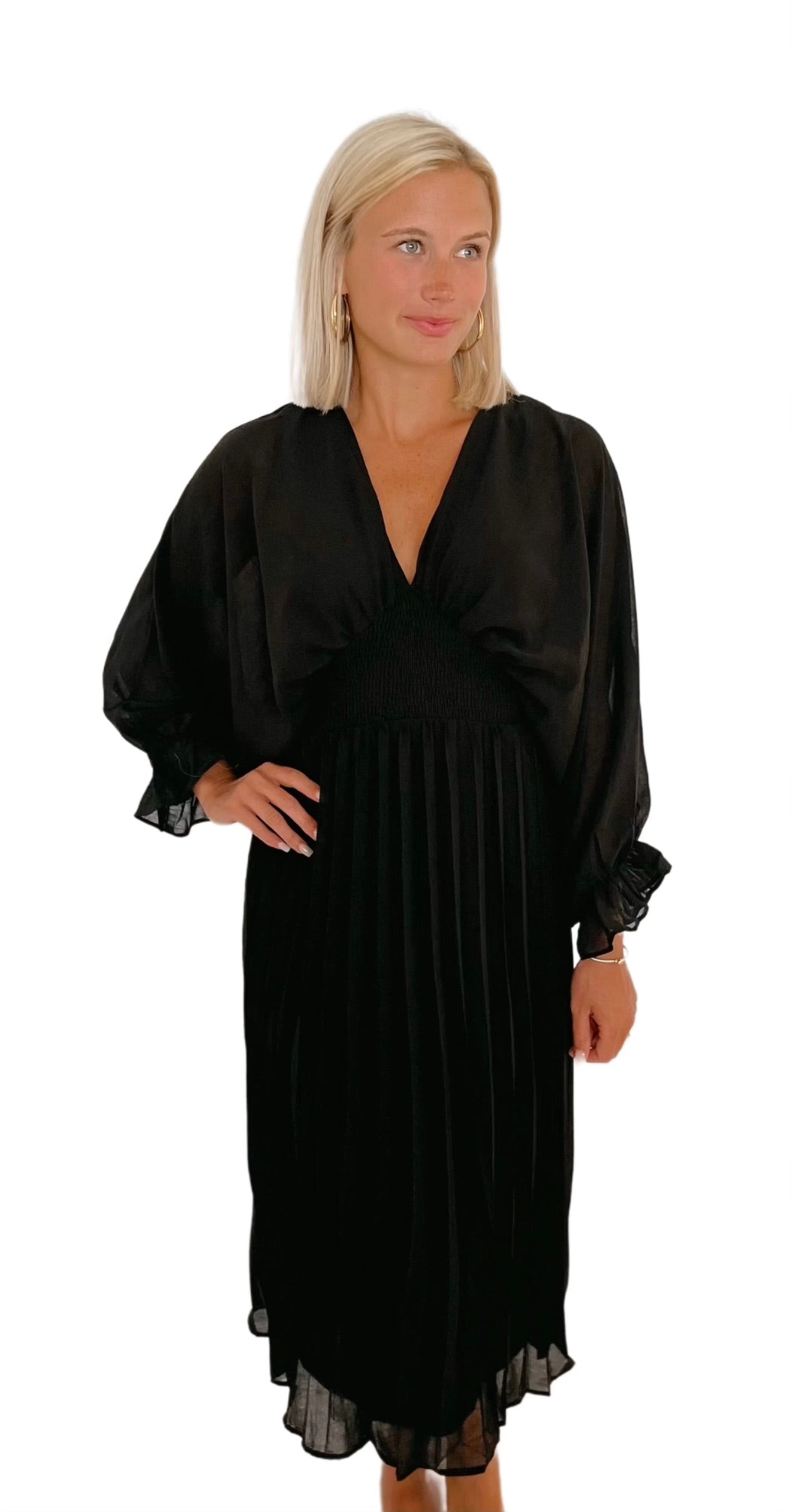 Batwing Sleeve Pleated Woven Midi Dress