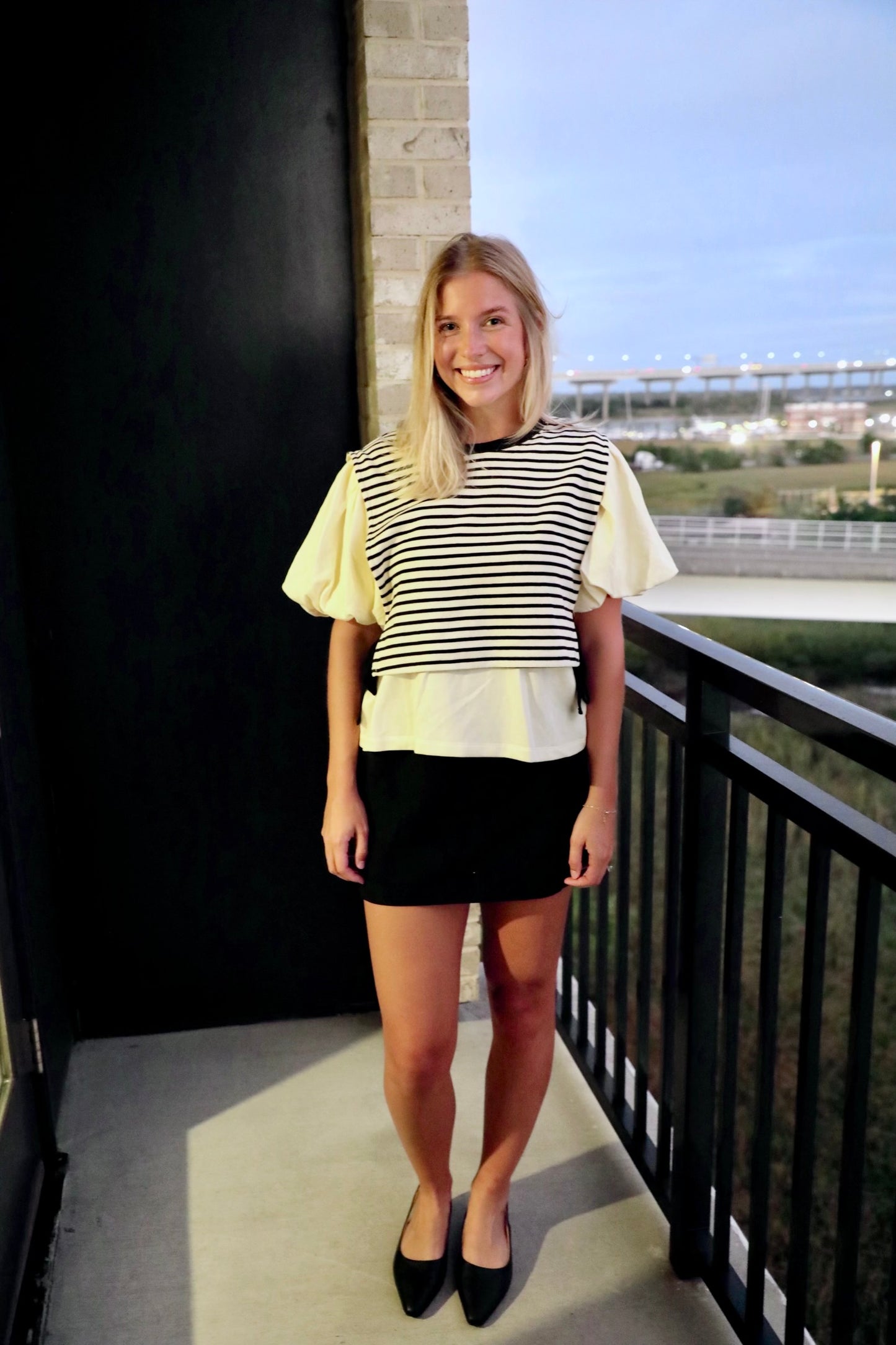 Black And Cream Striped Twofer Knit Top