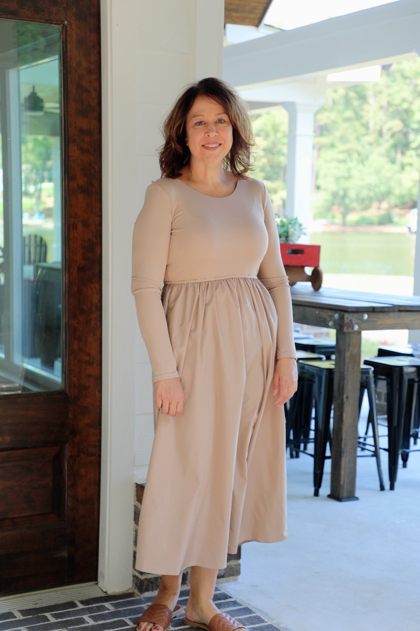 Knit and Satin Long Sleeve Midi Dress