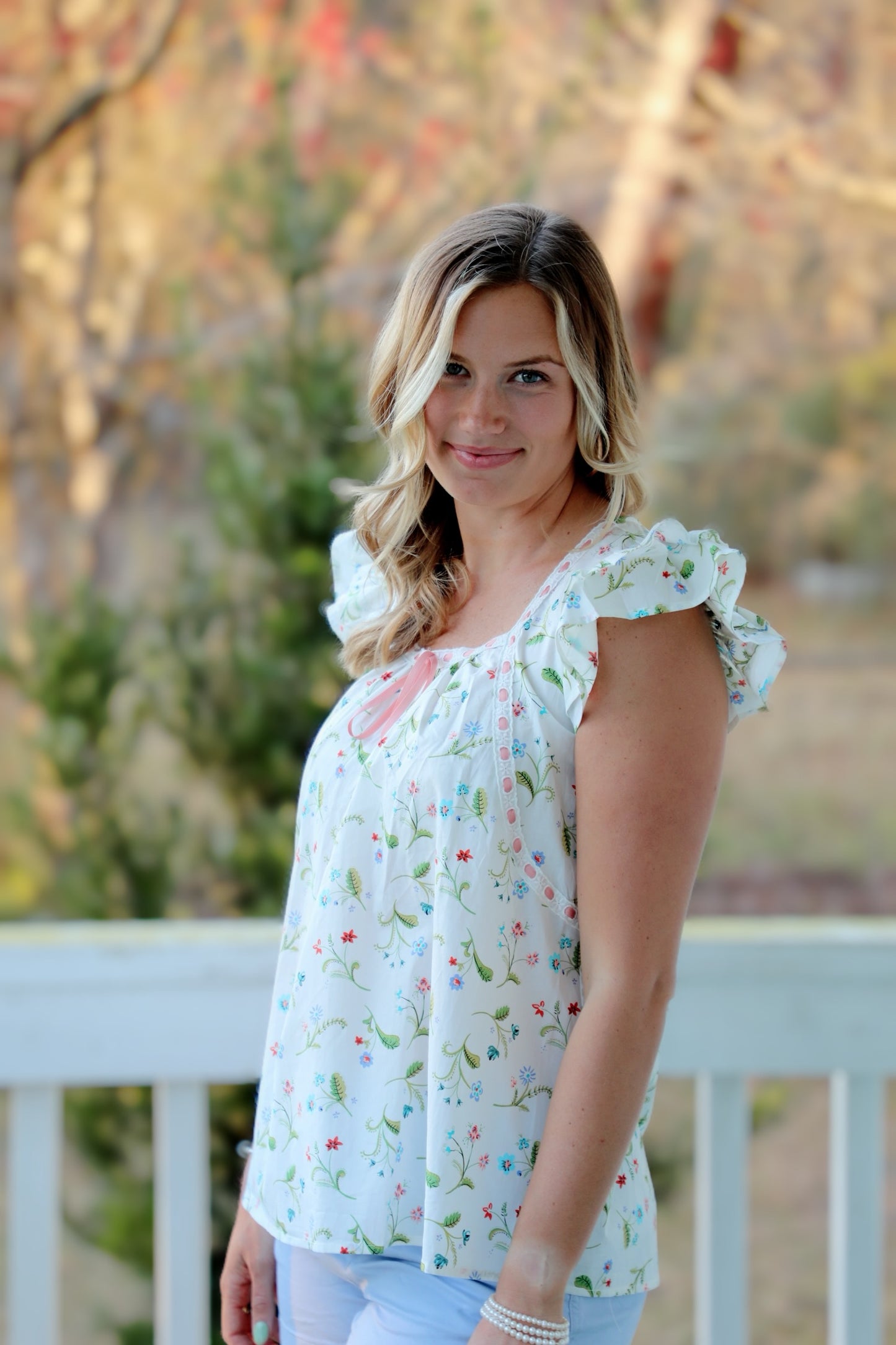 Floral Top With Ruffle Sleeves and Lace and Ribbon Details