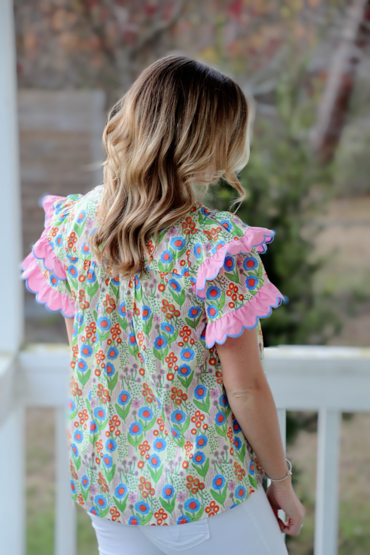 Floral Print V-neck Double Layer Ruffle Short Sleeve Pullover Top Featuring Scallop Trim