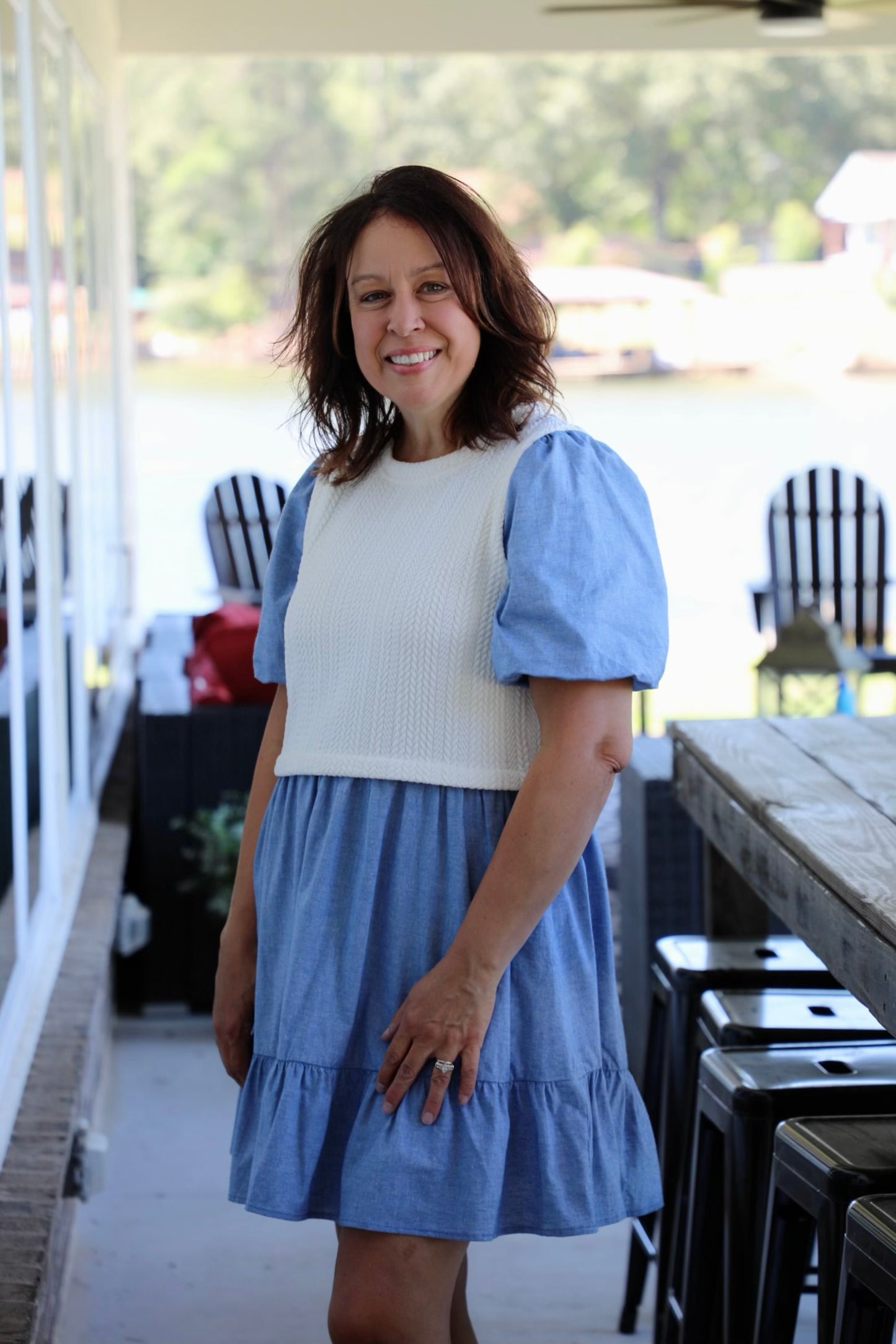 Puff Sleeve Patchwork Pleated Denim Dress