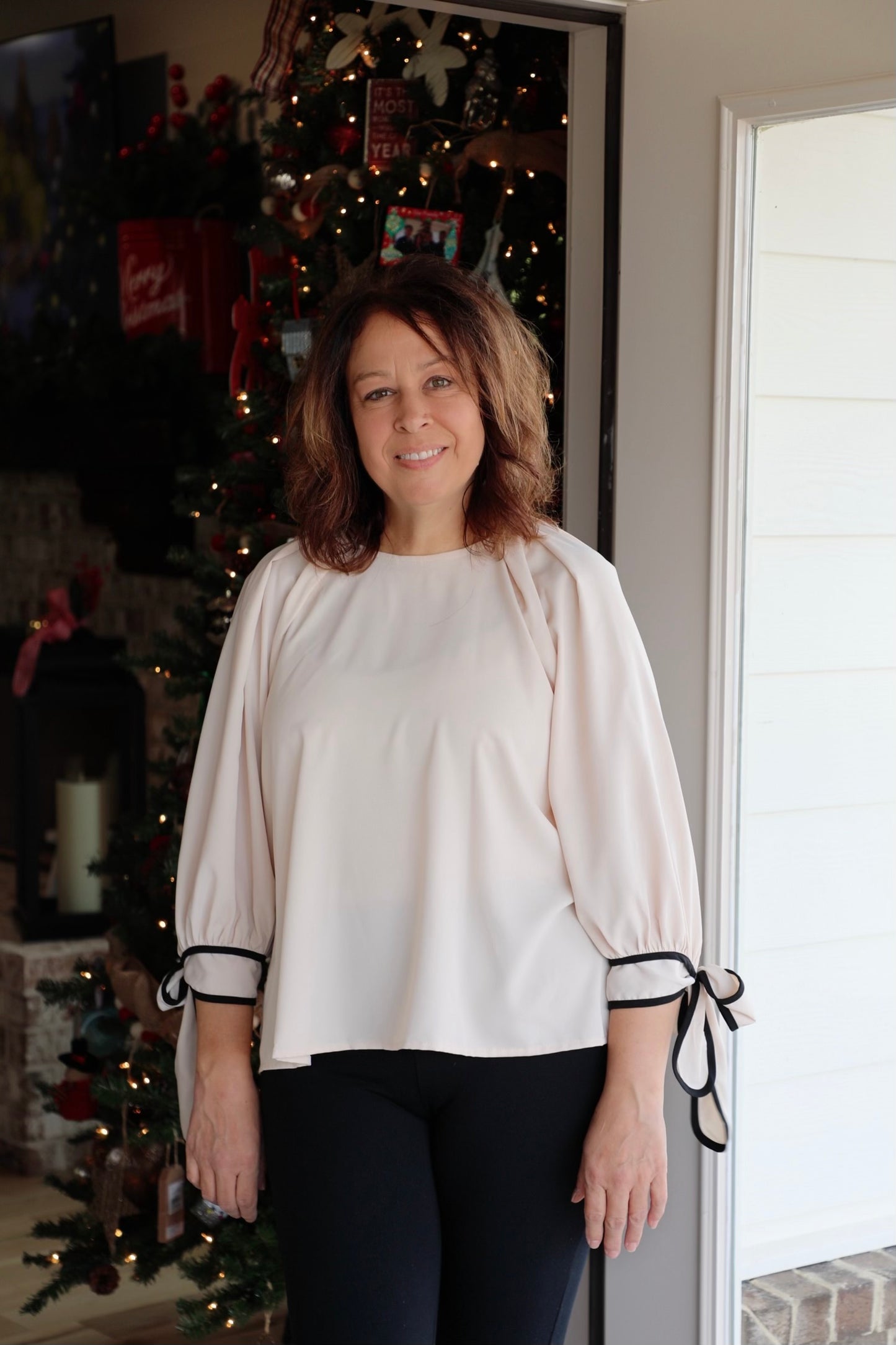 Blouson Top with Puff Sleeves and Ribbon Tie Cuffs