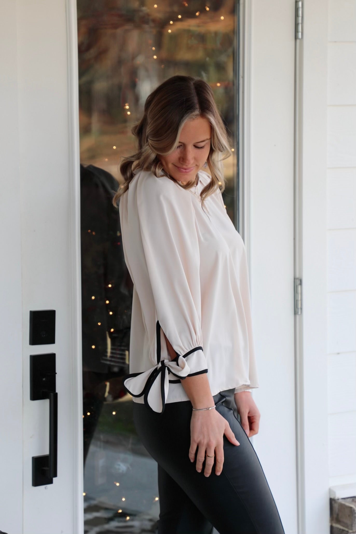 Blouson Top with Puff Sleeves and Ribbon Tie Cuffs