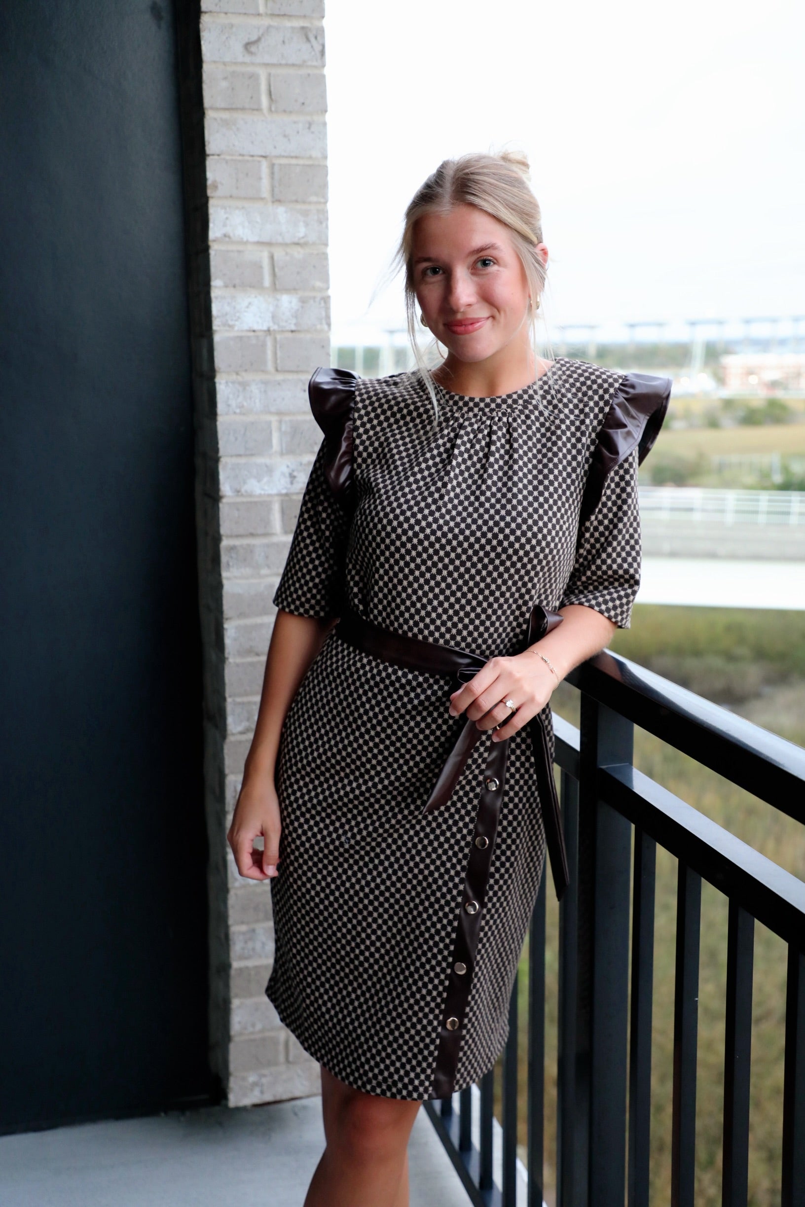 Faux Leather Trim Dress Polka Dot Wrap Dress Brown / Medium Faux Leather Trim Dress Polka Dot Wrap Dress Brown / Medium