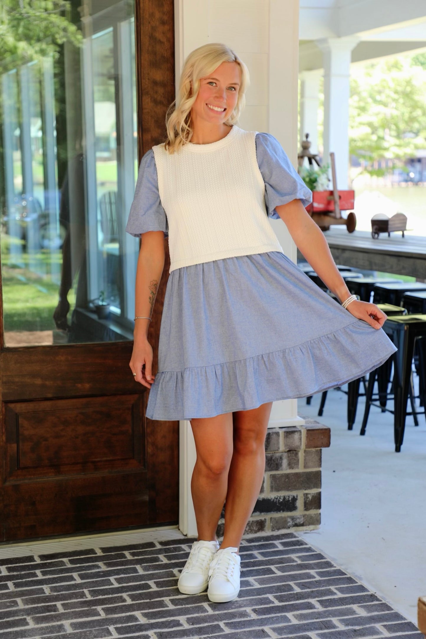 Puff Sleeve Patchwork Pleated Denim Dress