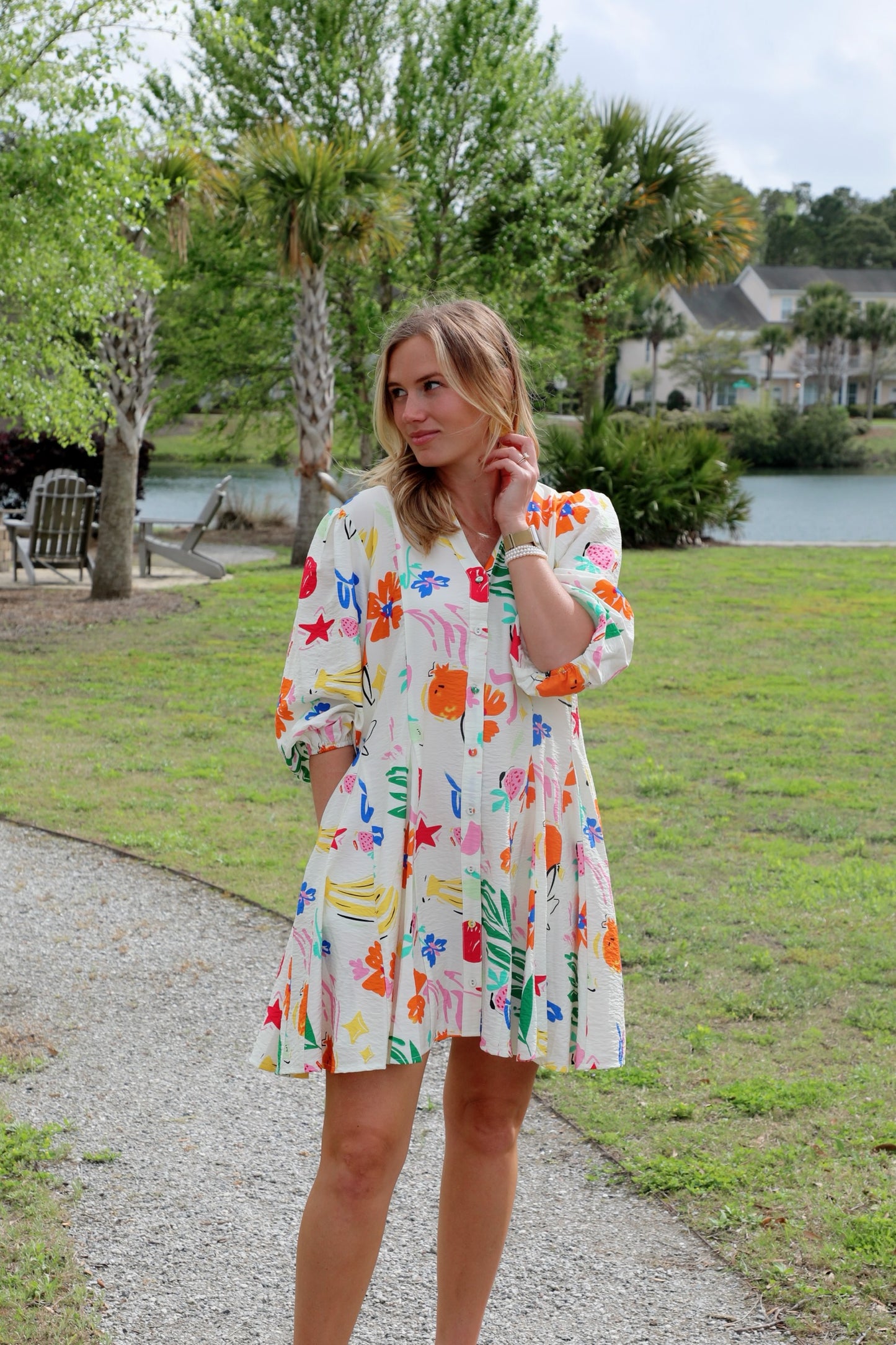 Printed V-Neck 3/4 Sleeve Shirt Dress with Flared Skirt