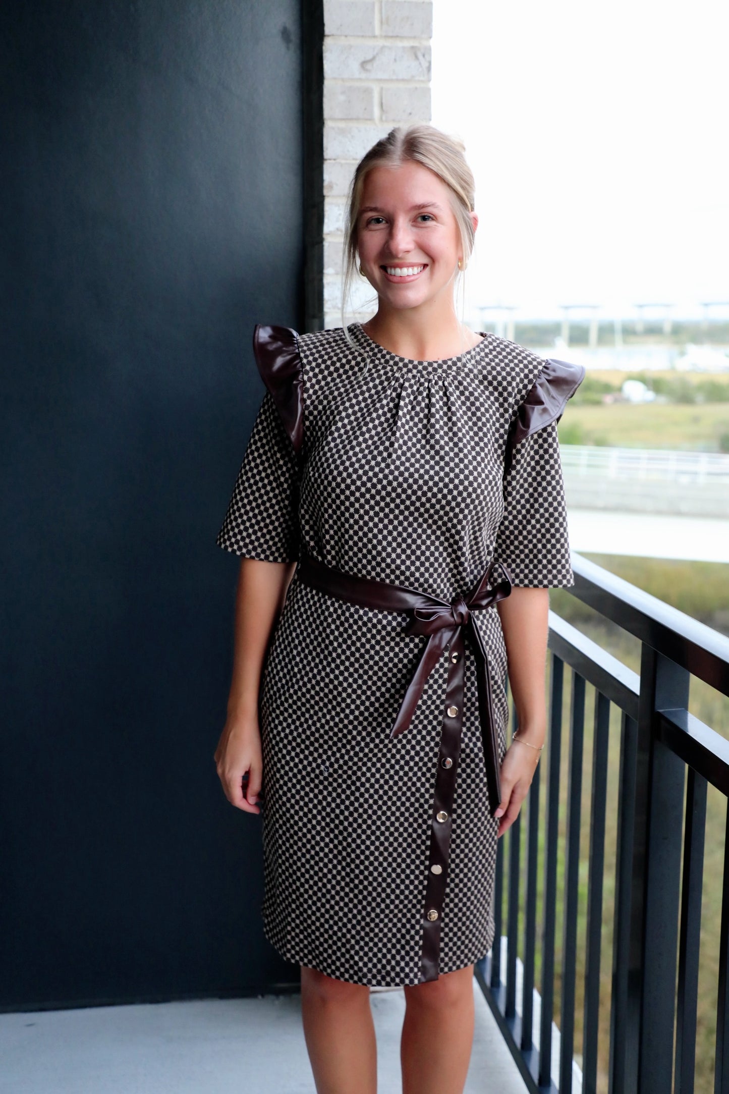 Faux Leather Trim Dress Polka Dot Wrap Dress
