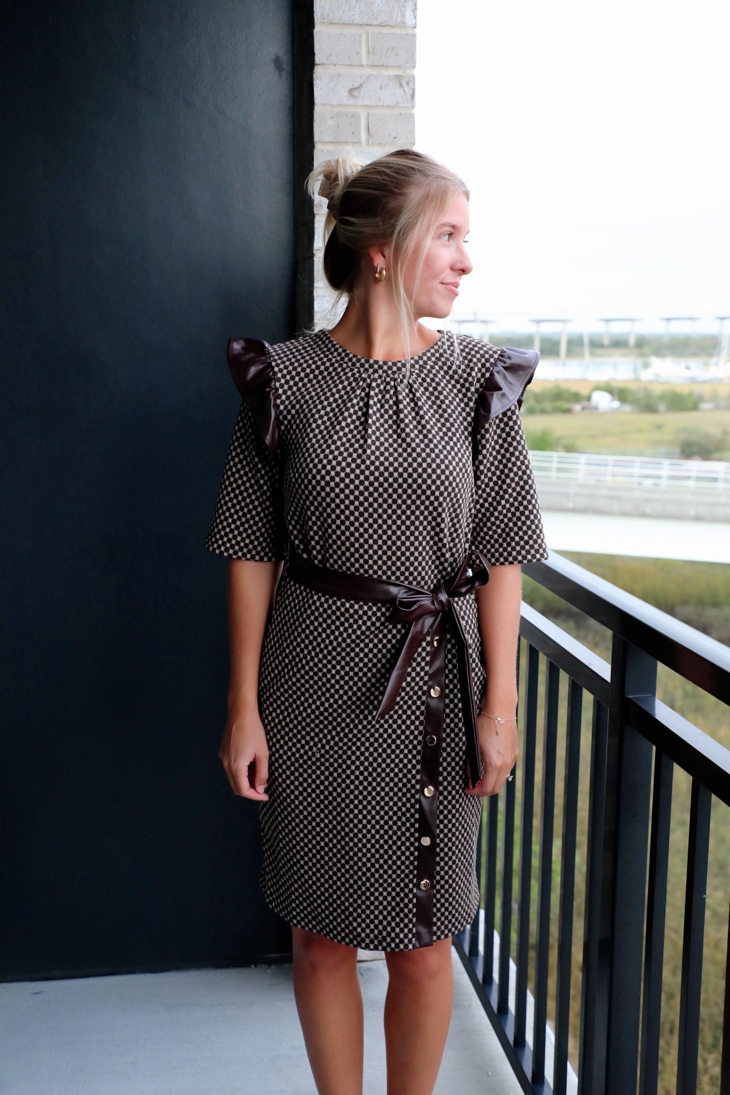 Faux Leather Trim Dress Polka Dot Wrap Dress