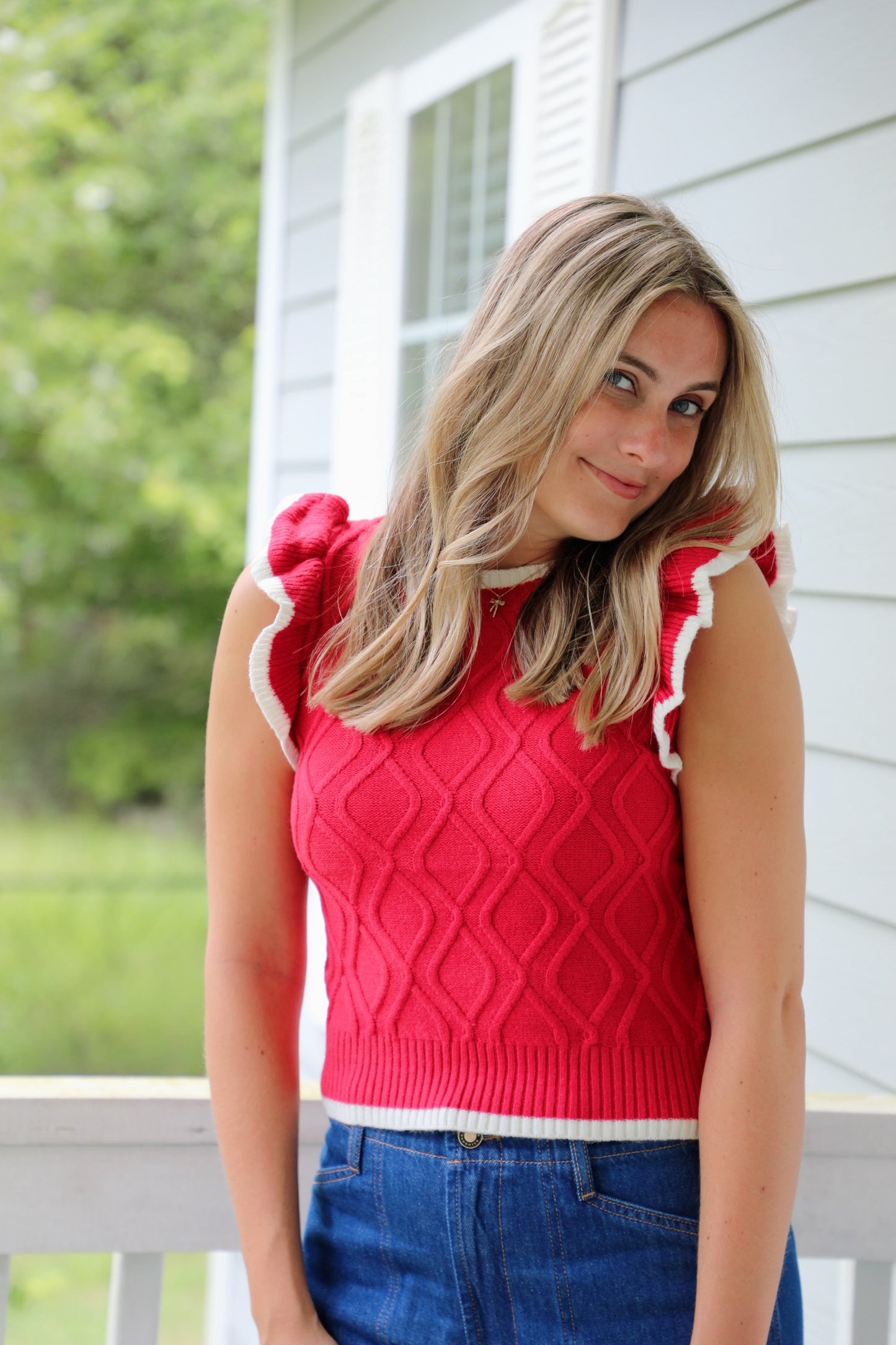 Game Day Ruffle Sleeve Cable Sweater Top
