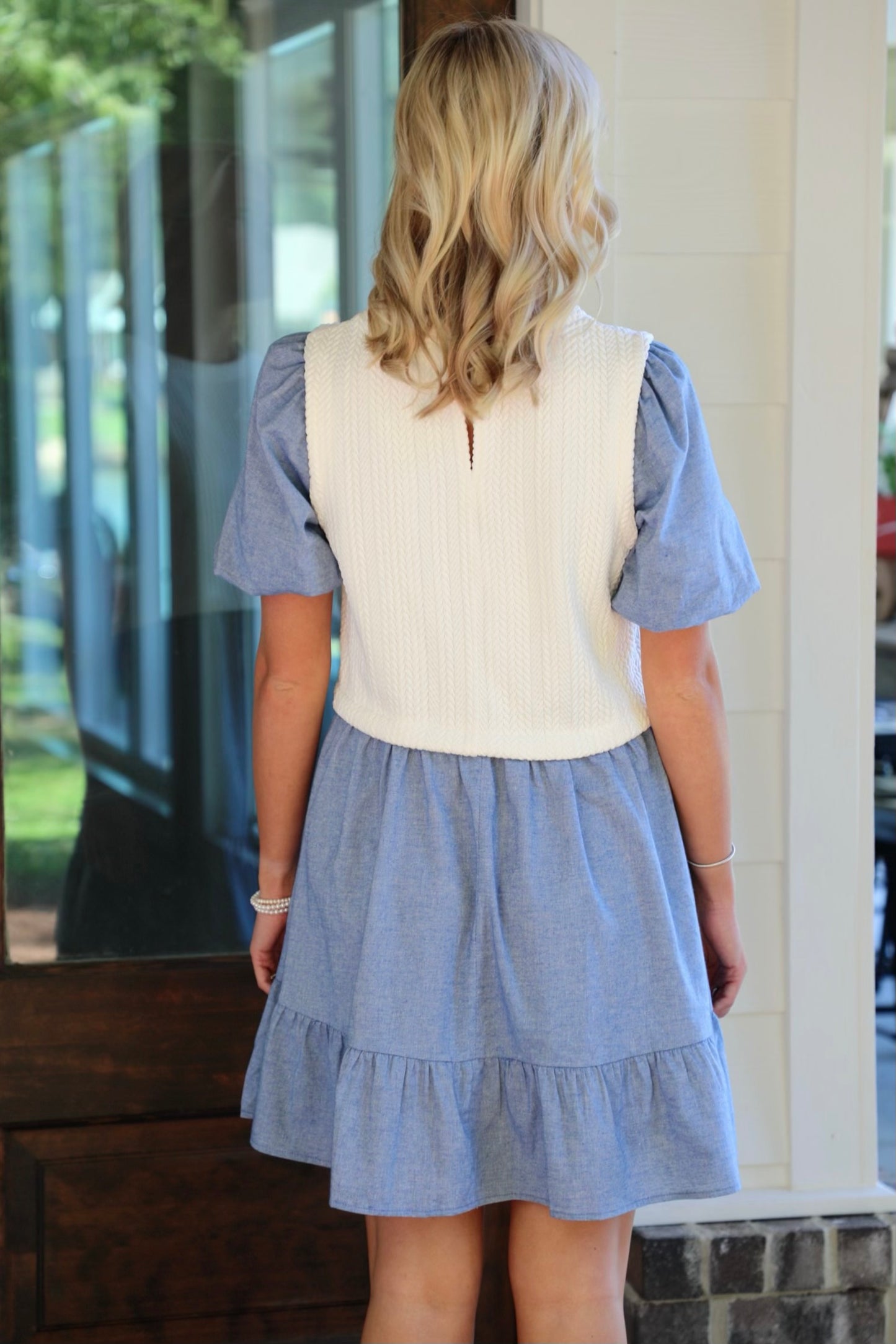 Puff Sleeve Patchwork Pleated Denim Dress