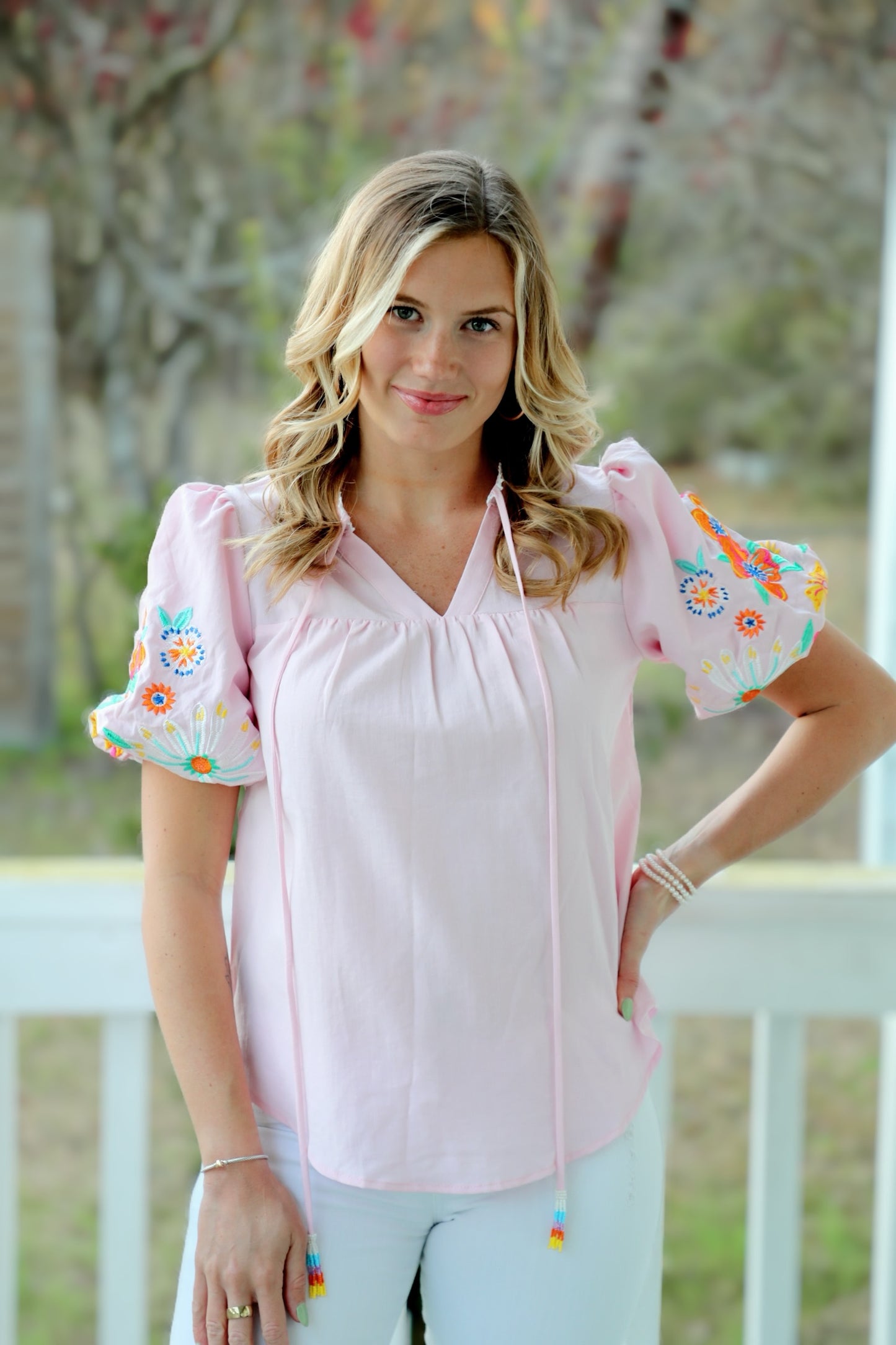 Boho-chic Embroidered Floral Puff Sleeve Blouse Featuring Beaded Tassel Ties
