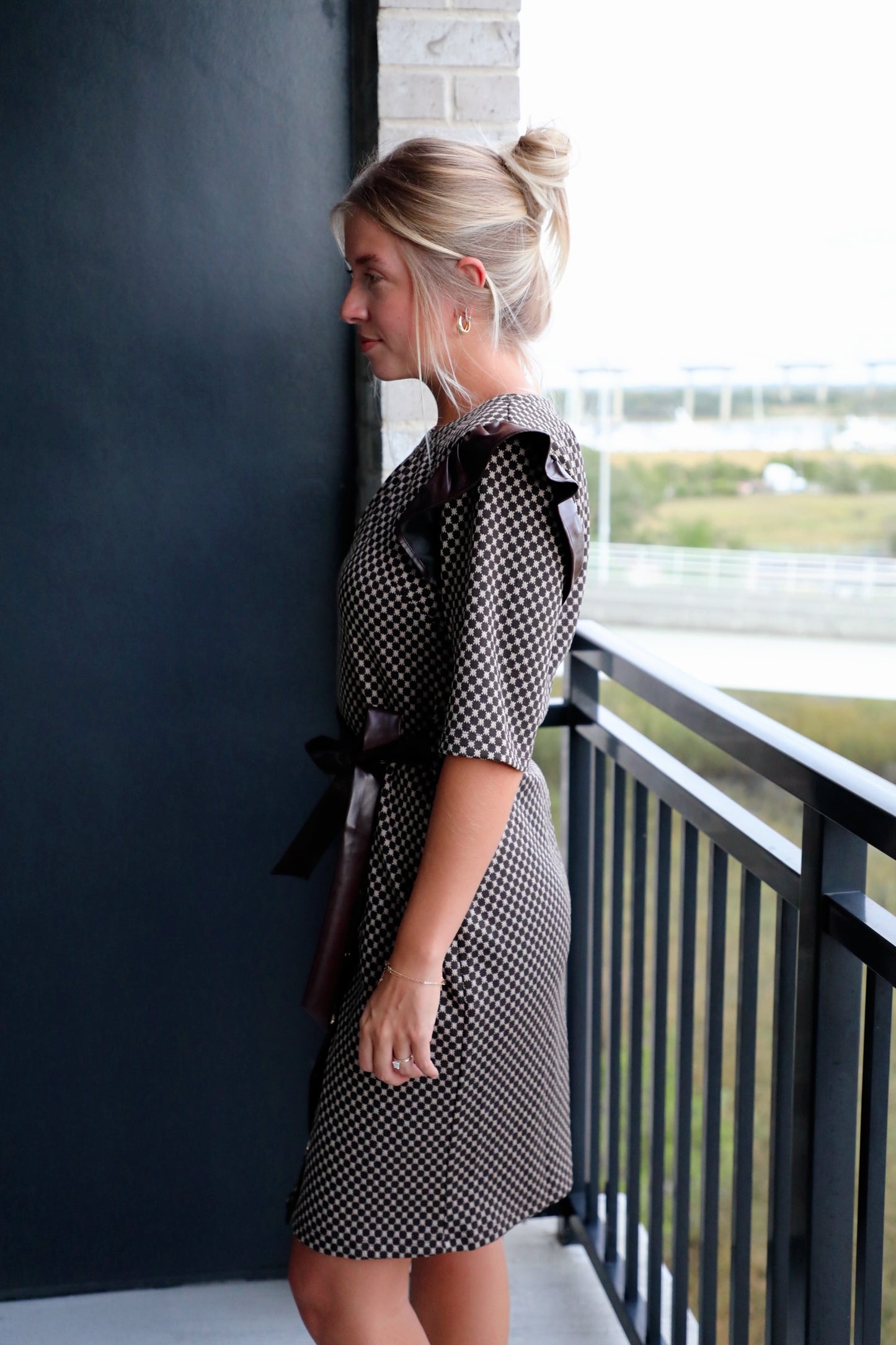 Faux Leather Trim Dress Polka Dot Wrap Dress