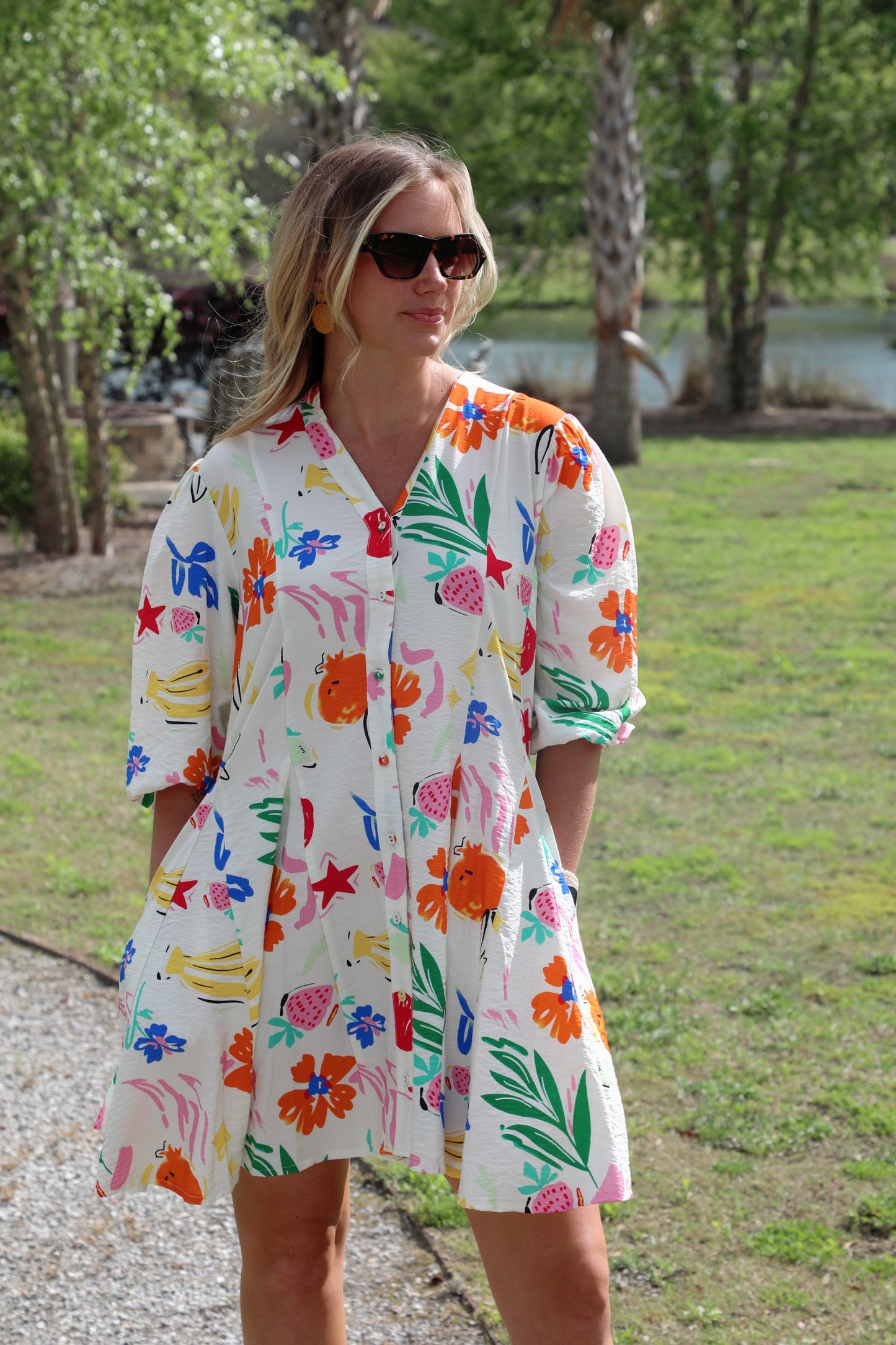 Printed V-Neck 3/4 Sleeve Shirt Dress with Flared Skirt