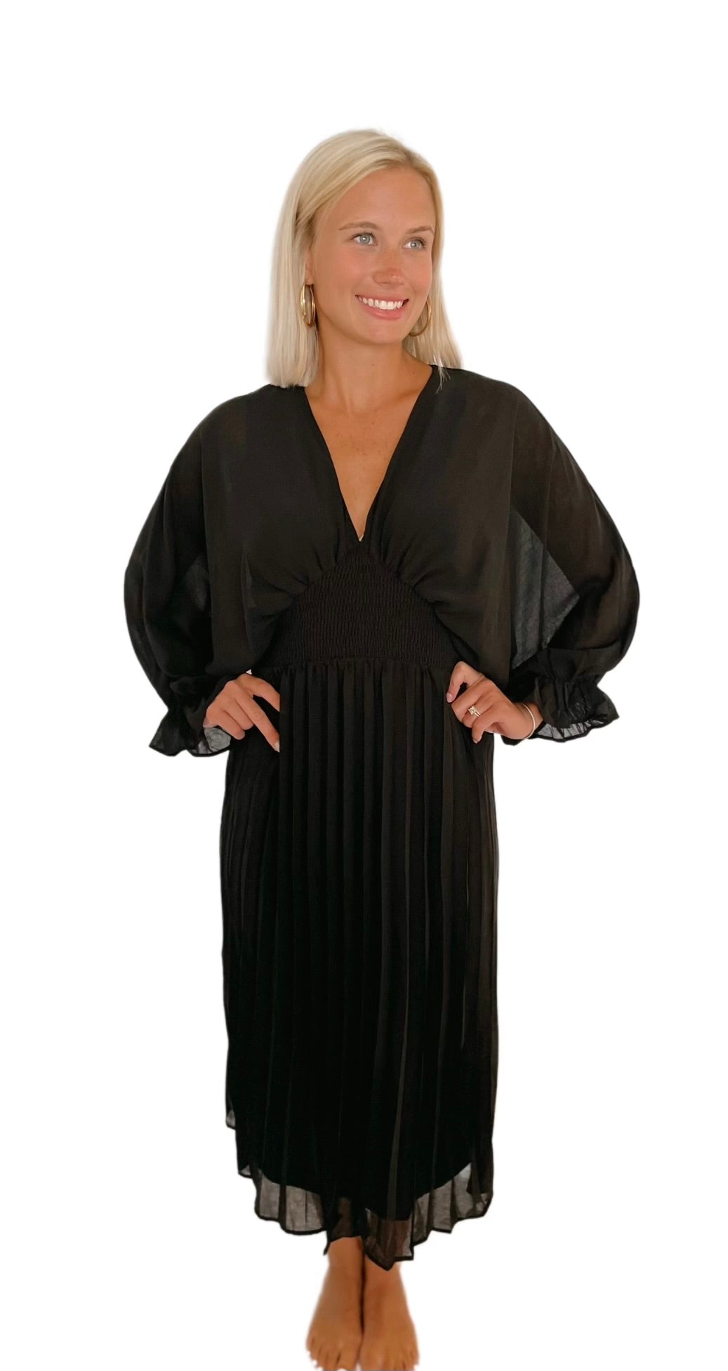 Batwing Sleeve Pleated Woven Midi Dress