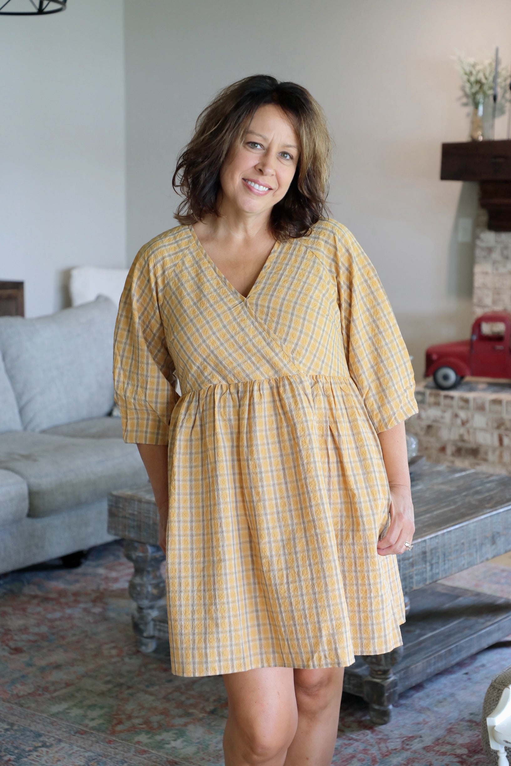 Plaid V-Neck Babydoll Dress Medium / Ochre Plaid V-Neck Babydoll Dress Medium / Ochre