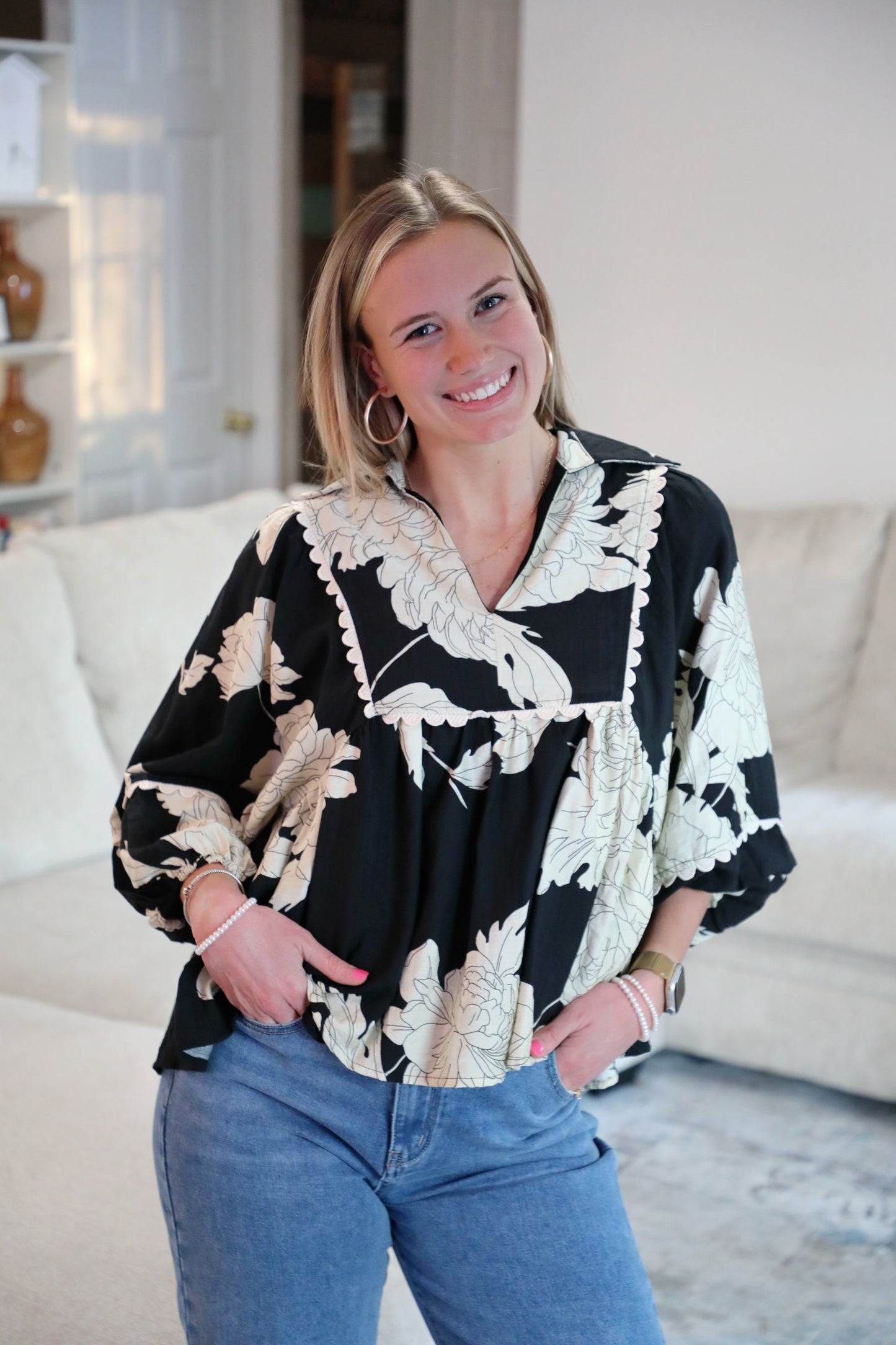 Black Floral Print V Neck Top