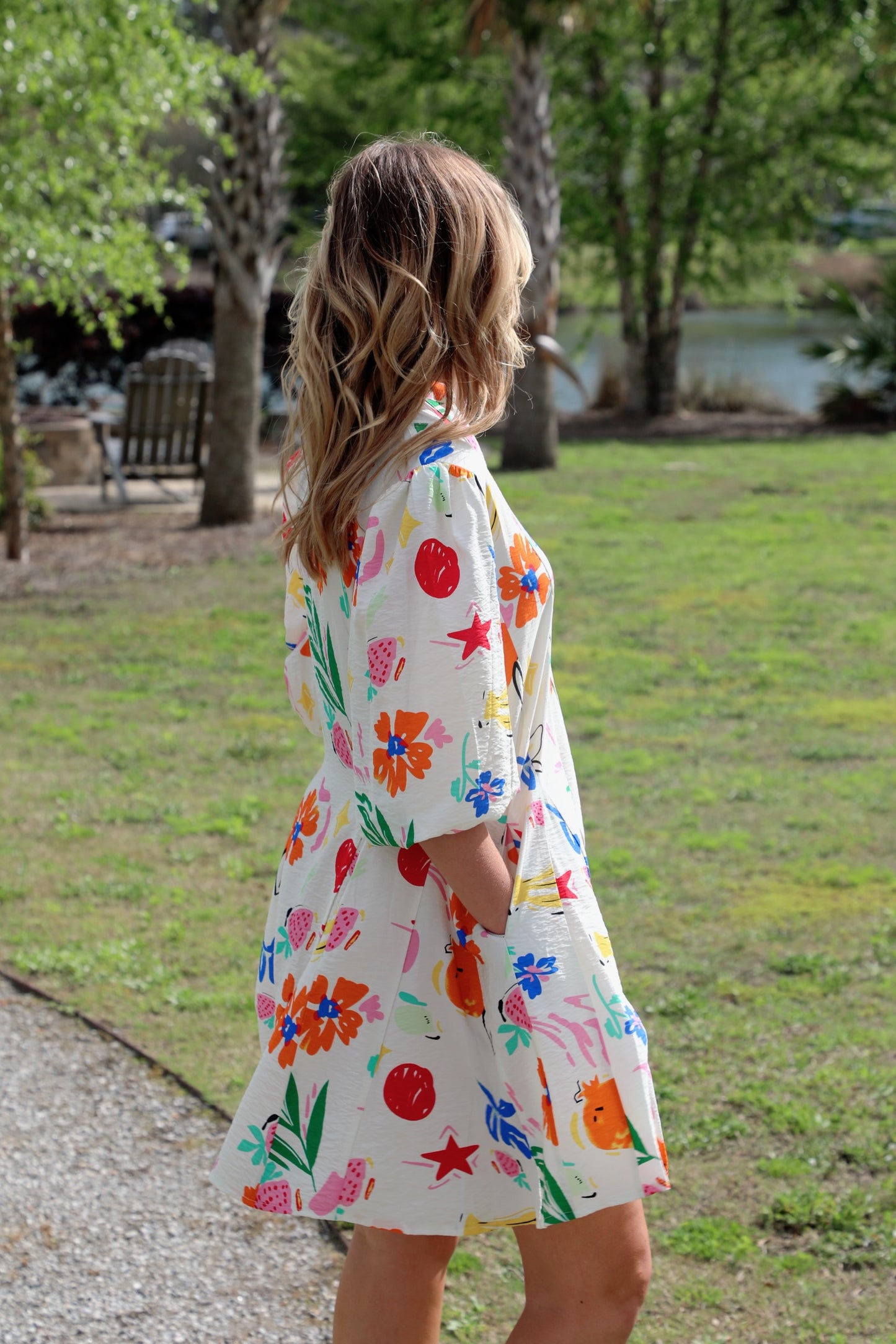 Printed V-Neck 3/4 Sleeve Shirt Dress with Flared Skirt