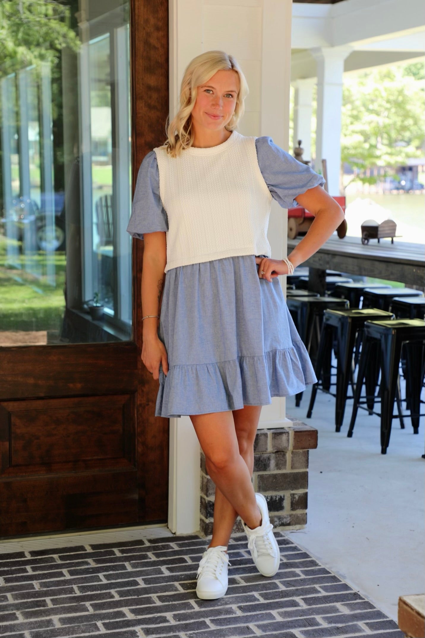 Puff Sleeve Patchwork Pleated Denim Dress